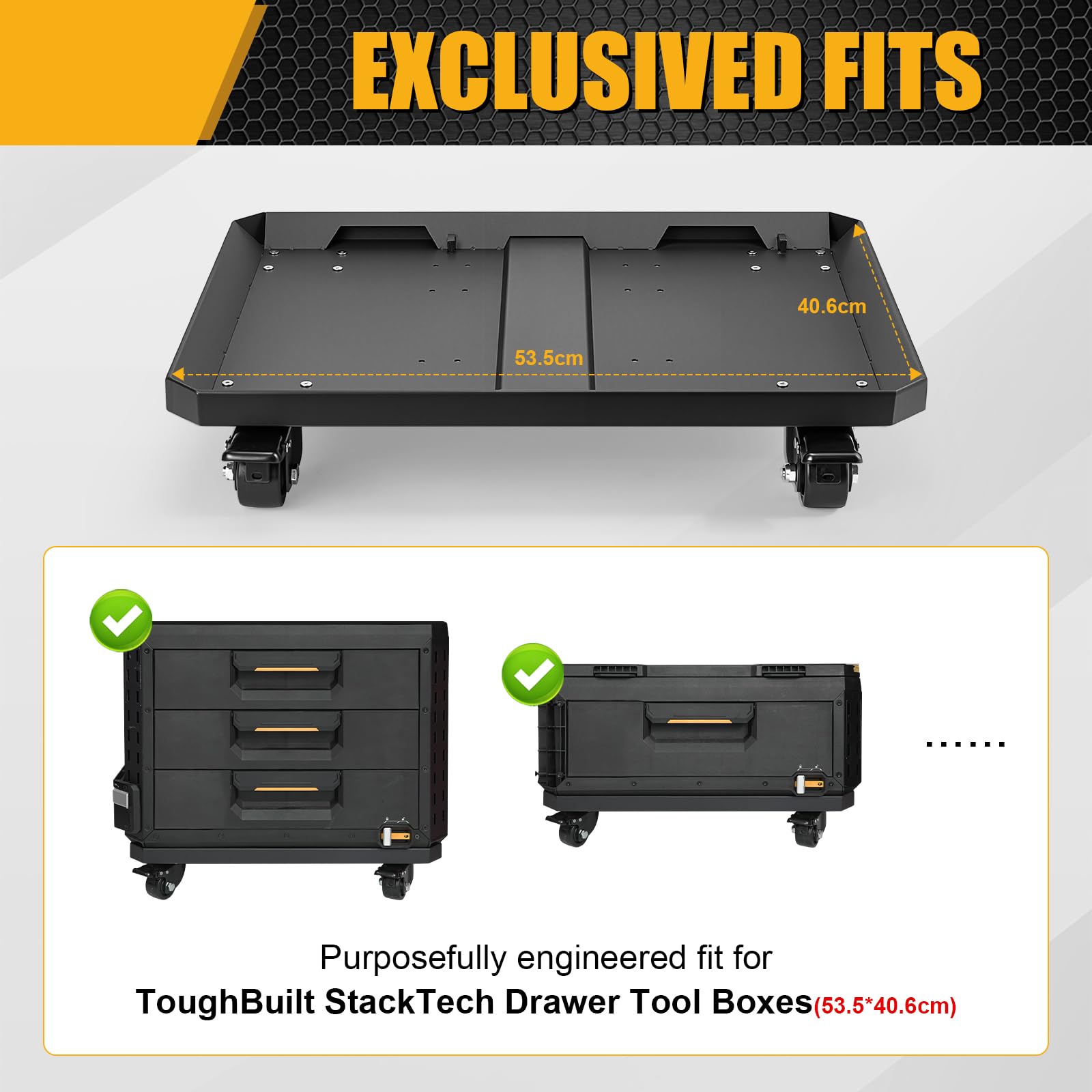 Caja de herramientas resistente compatible con cajas de herramientas ToughBuilt StackTech, base rodante de acero al carbono con 4 ruedas de bloqueo, plataforma de almacenamiento de herramientas móvil