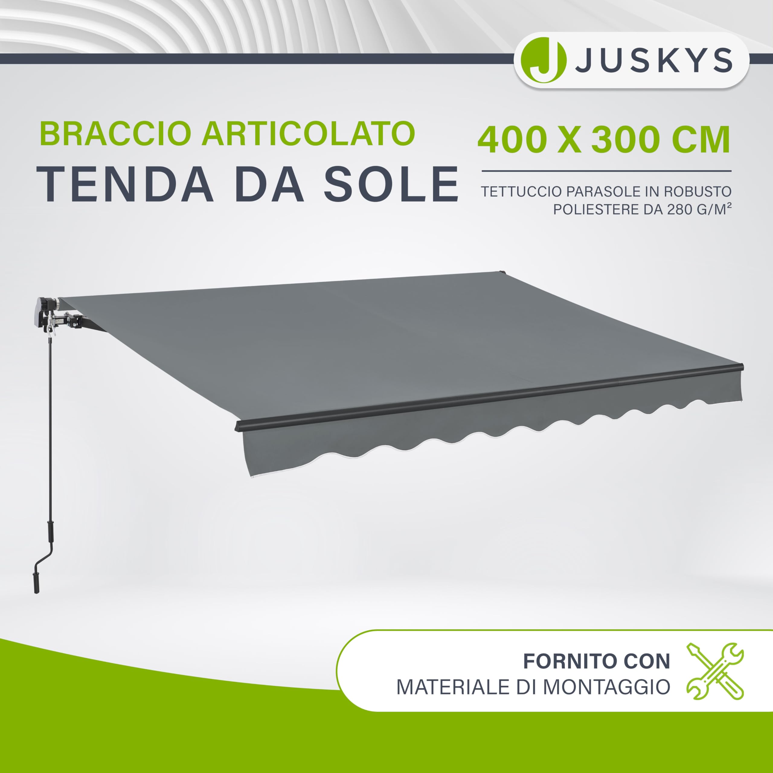 Juskys Tenda a Bracci Estensibili 400x300 cm UV40+ Impermeabile con Manovella Regolabile Grigio
