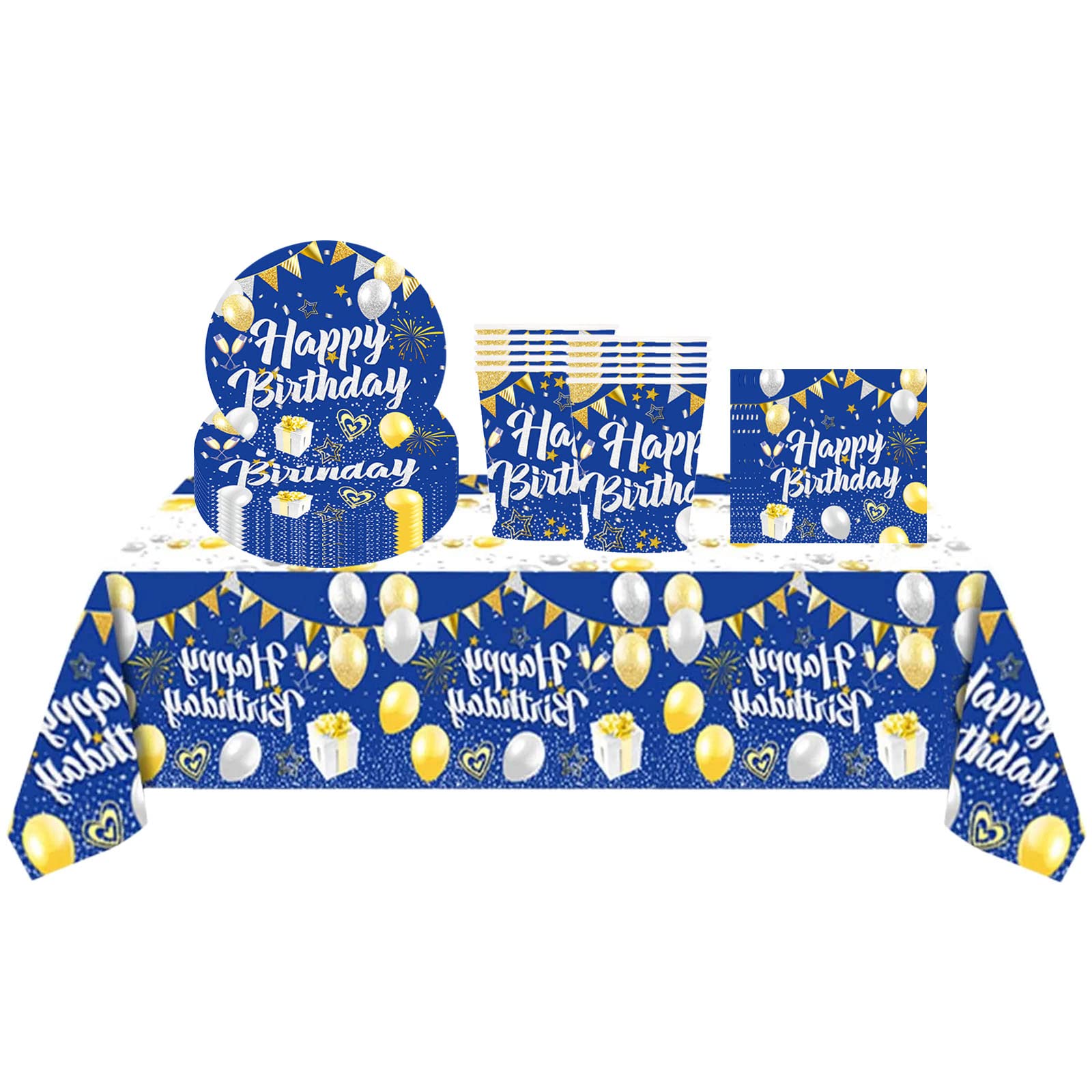 Blue Happy Birthday Party Decorations Tableware Set for Men,Women,Boys,Girls,31Pcs Disposable Birthday Dinnerware - Plastic Tablecloth,Paper Plates,Napkins,Cups for Him,Her Birthday Party Supplies