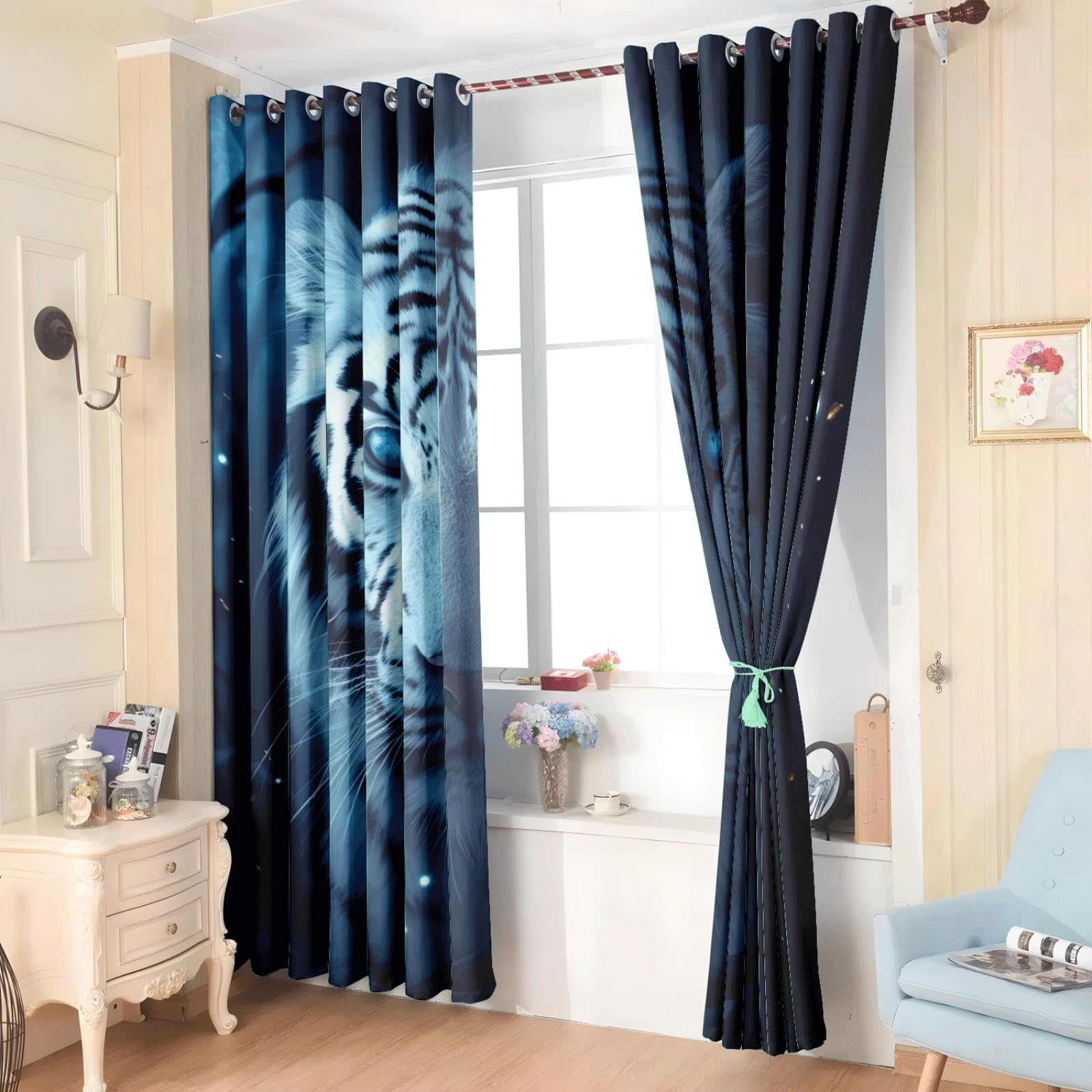 Curtain Weiß Blau Schwarz Gardinen Polyester Vorhang mit Ösen Blackout Curtain Waschbar Vorhänge mit Ösen Living Room Thermovorhang Schlafzimmer Verdunklungsvorhänge Blickdicht 2x85x200cm