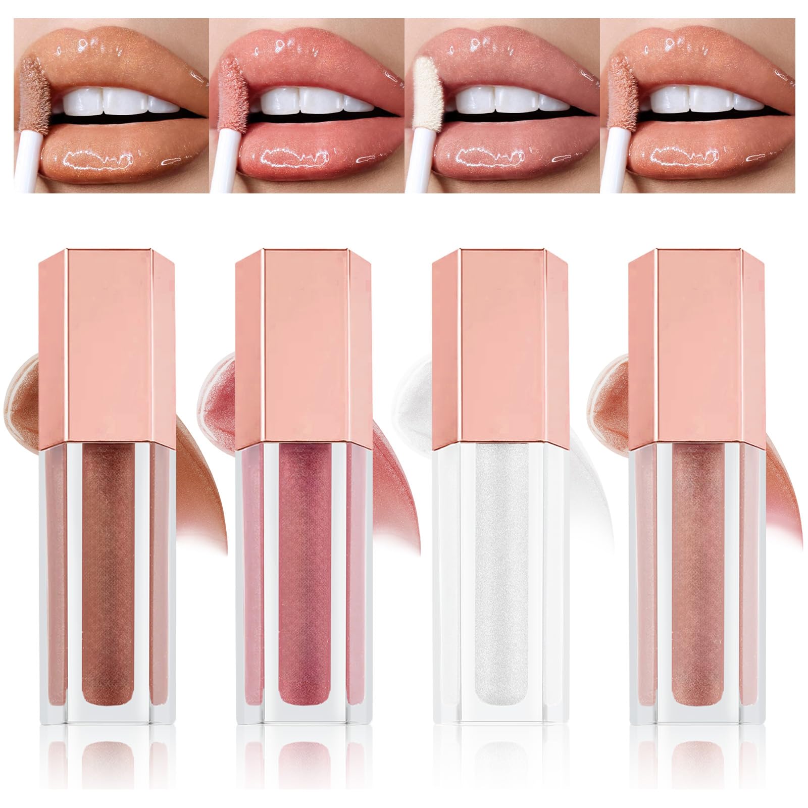 4pcs Glimmer Lustrous Lipgloss Makeup Kit, Hydrating Shimmer Bling Lip Oil, High Shine Finish Non Sticky Lip Makeup, Long Wearing Peach Scent Natural