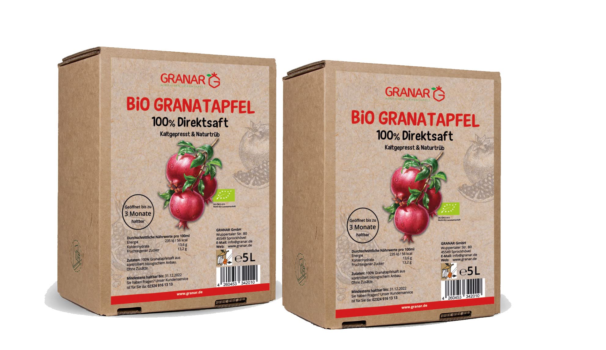 2 x 5 litrów bio sok z granatów, 100% sok z granatów, organiczny, tłoczony na zimno