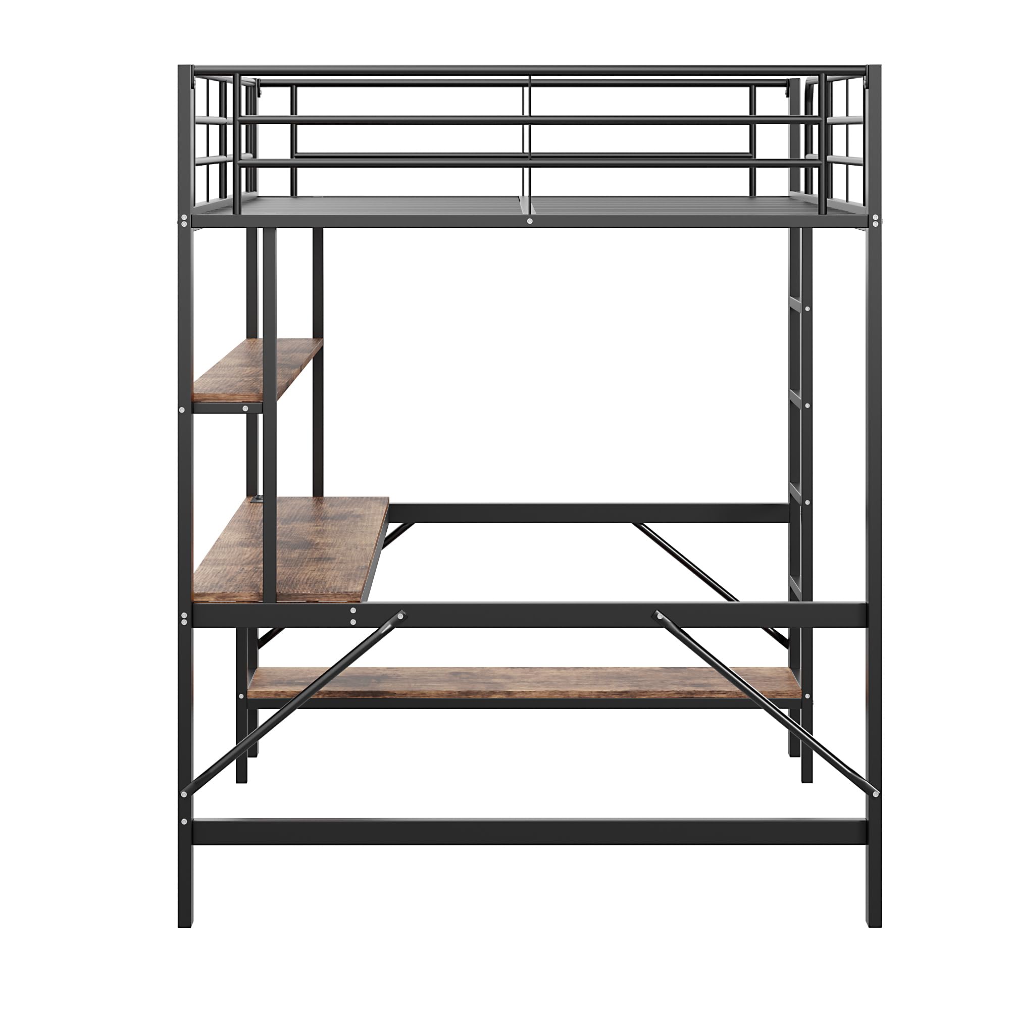 Seyakany cama Mezzanine Infantil 140 x 200 cm, cama Mezzanine de metal de 2 plazas con barreras y escalera, con tomas USB y eléctricas, con iluminación LED, escritorio, varias estanterías, sin colchón
