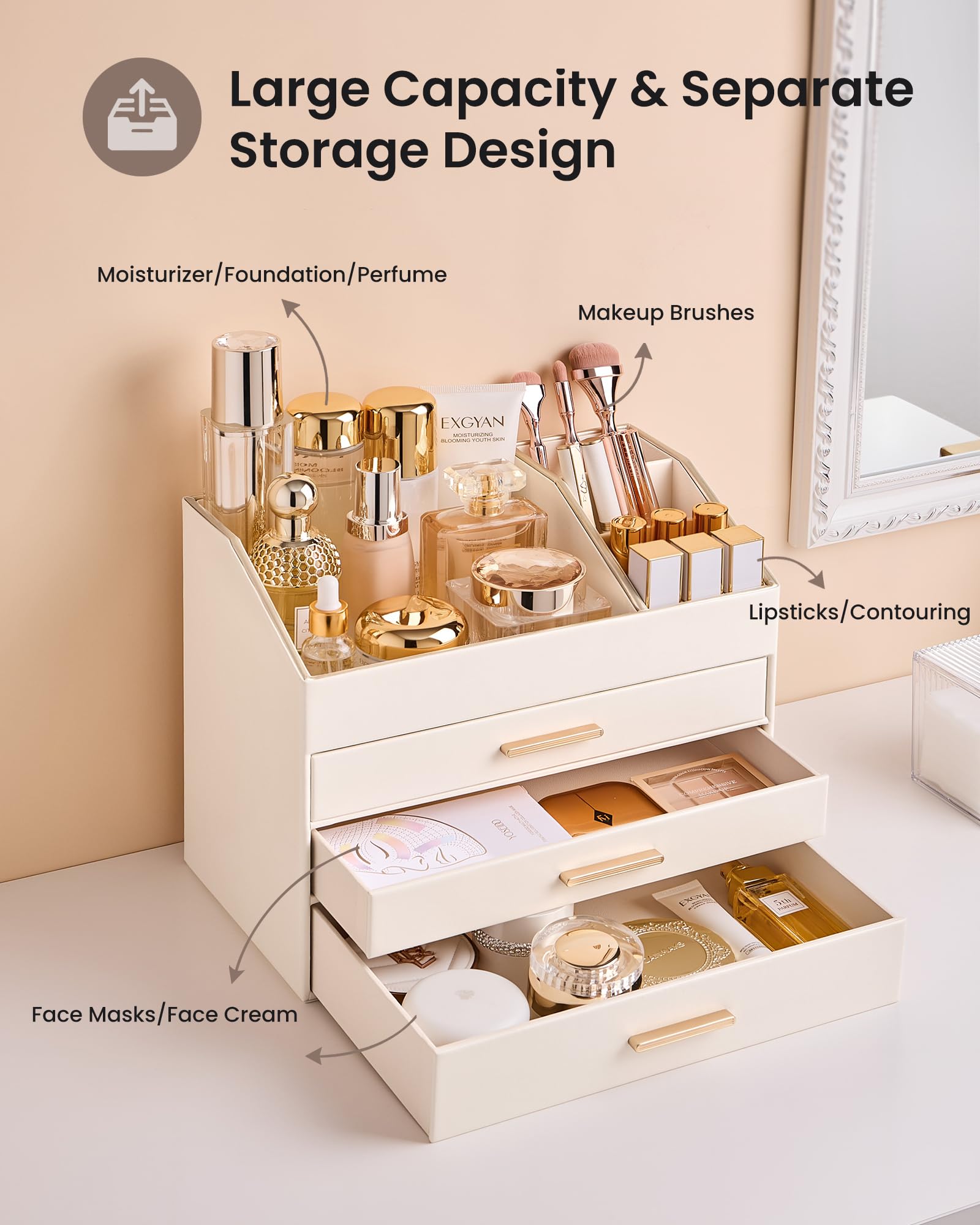 Lolalet Organizador de Cosméticos para Tocador, Bandeja de 3 Niveles con Cajones, Organizador de Perfumes, Organizador de Labiales -Crema