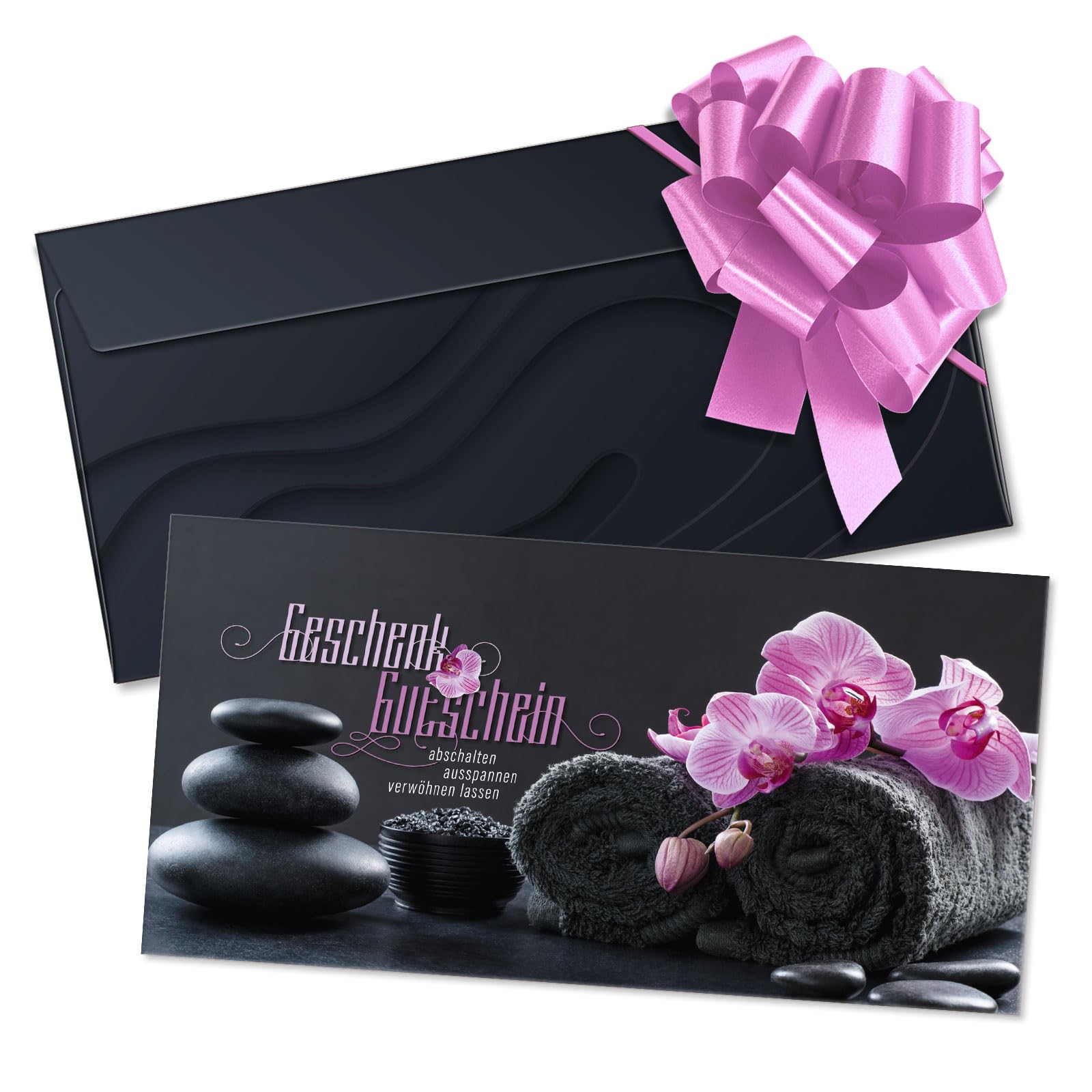 GESCHENKGUTSCHEINcom Gutschein-Set - 50 Gutscheine mit Umschlag & Schleife für Kosmetiksalon Wellness Massageinstitute, blanko zum selber Ausfüllen