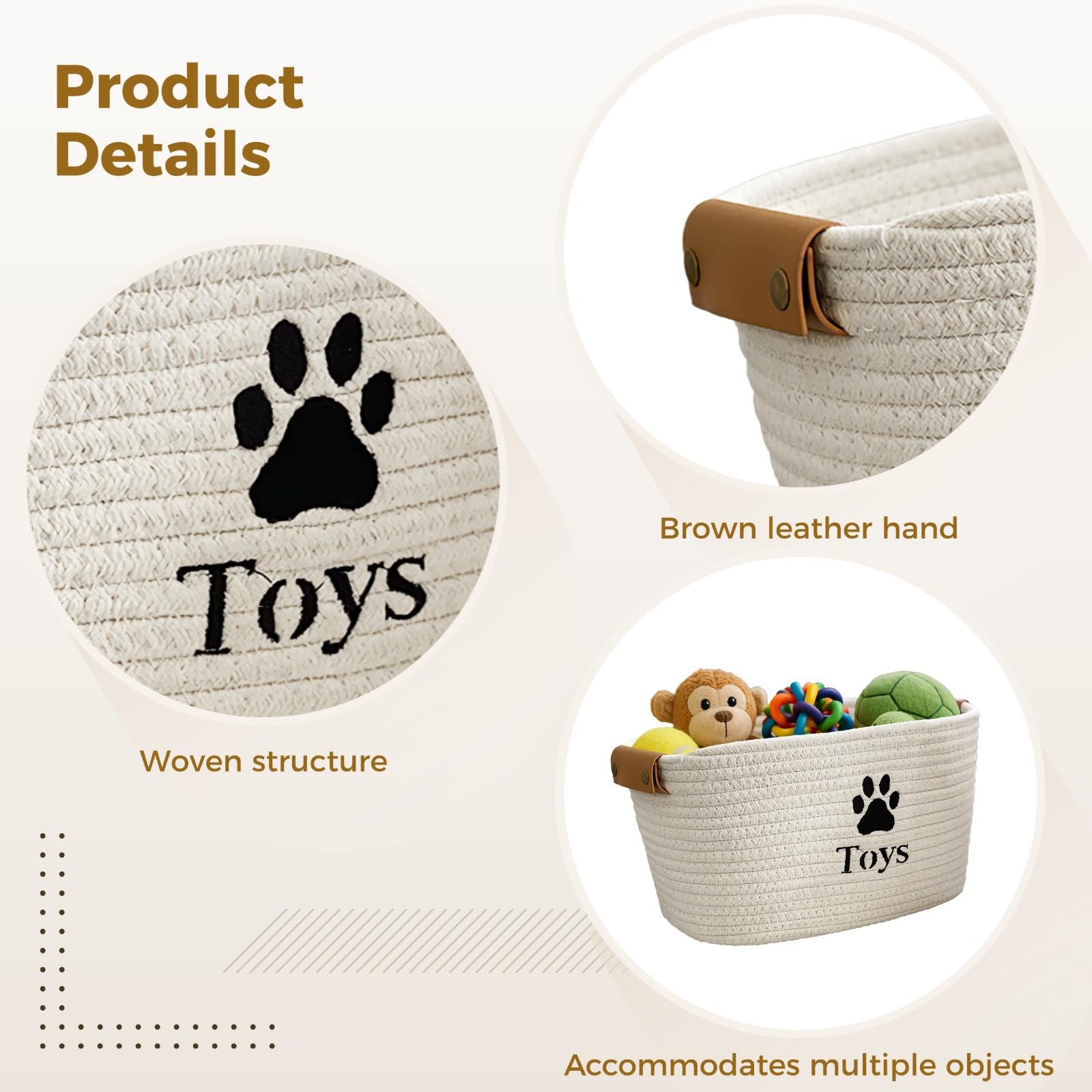 Haustier Spielzeug Aufbewahrungskorb, weiche Baumwolle Seil gewebt Organizer, langlebige klappbarer Bin für Hund Katze Spielzeug, geräumig 13 x 9 x 7,5 in / 33 x 23 x 19 cm, Beige