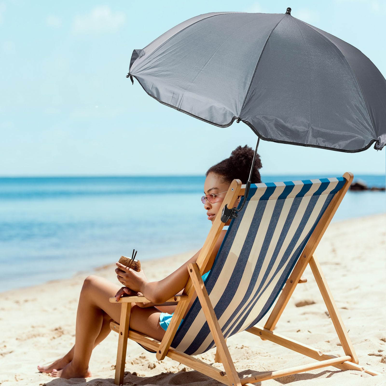 Buryeah 2PCS Chair Umbrella with Universal Clamp 43 In UPF 50+ Portable Clamp on Beach Umbrella for Chair Adjustable Wheelchair Clip on Umbrella for Outdoor Patio Stroller Parasol (Grey)