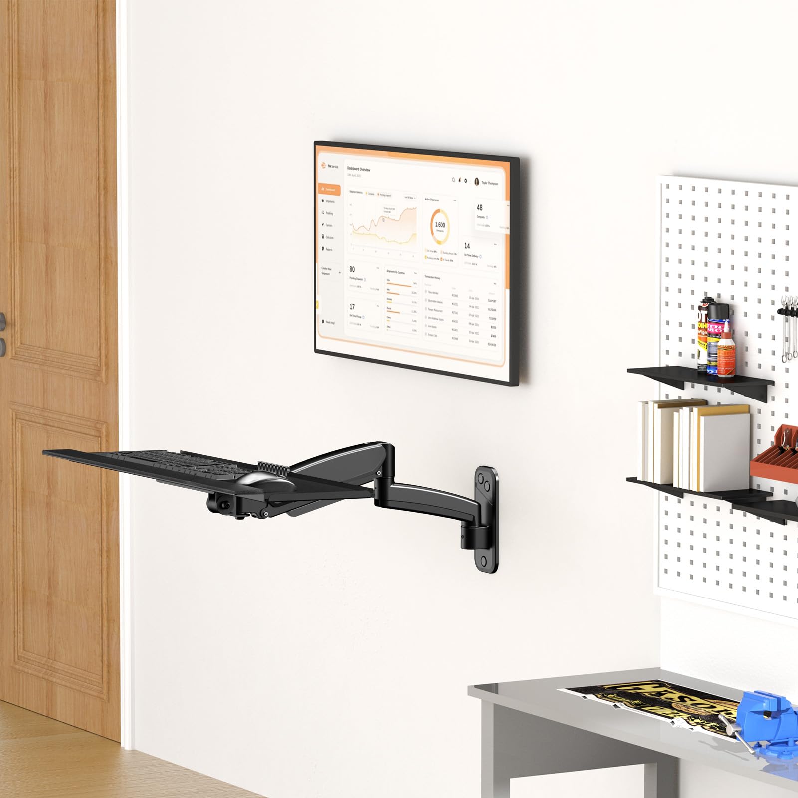 Supporto a muro per tastiera, vassoio girevole e pieghevole, capacità di carico 9 kg, regolazione multidirezionale, colore nero
