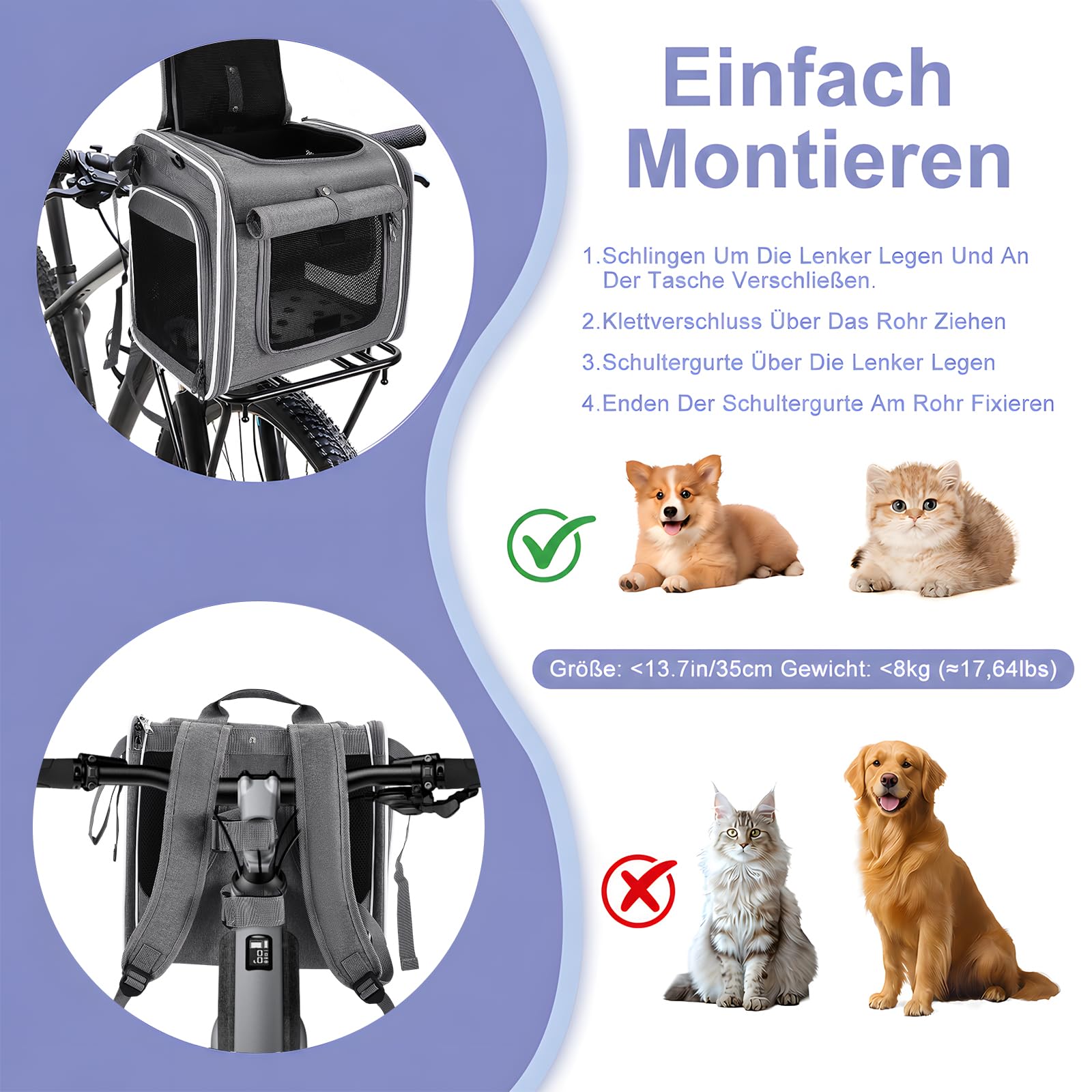 Hundekorb Fahrrad Vorne – 4-in-1 Hundefahrradkorb mit Halterung