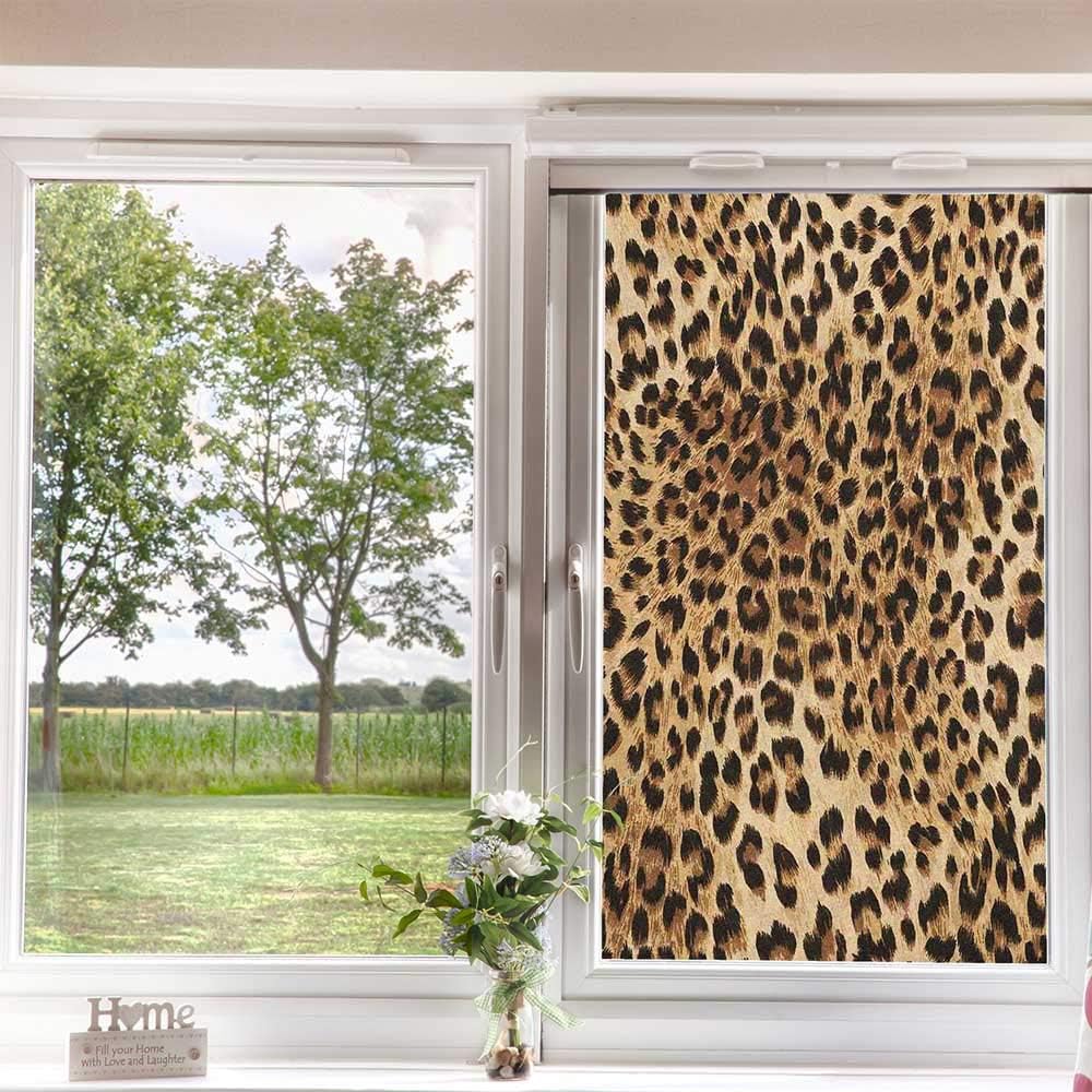 Leopard Print Frosted Window Film Static Cling Film,Skin Pattern of a Wild Safari Animal Powerful Panthera Big Cat Kitchen Art Privacy Window Film Static Cling,Pale Brown Black 24 x 36