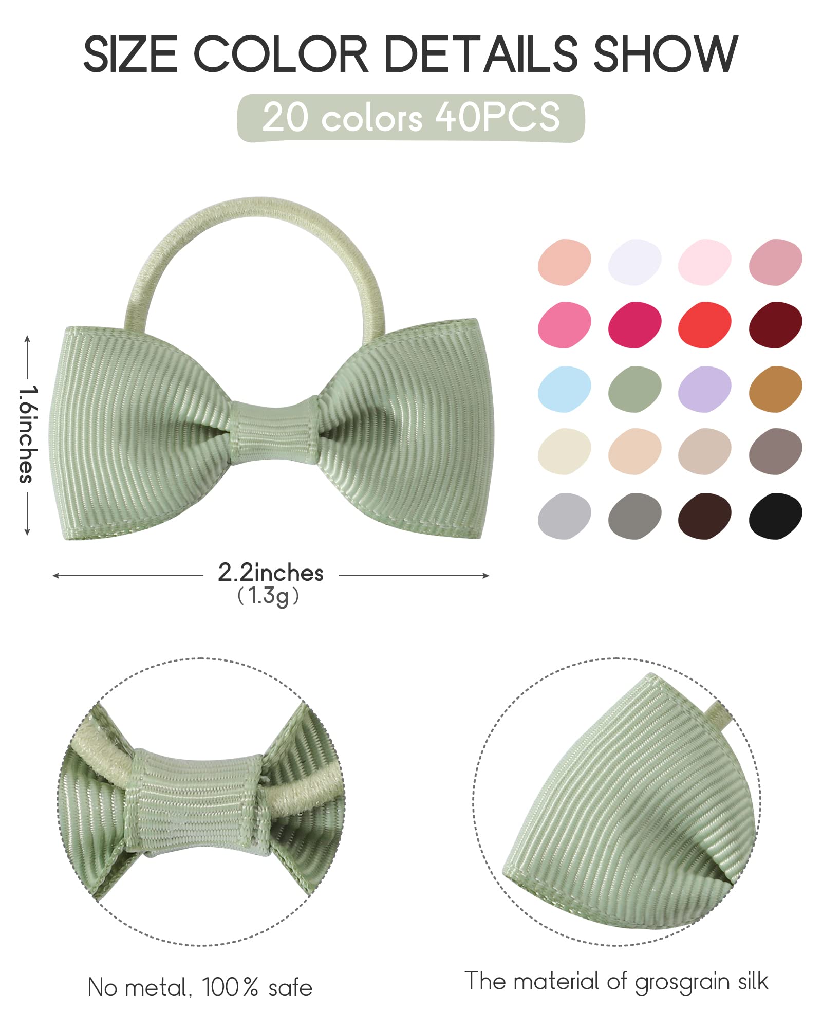 Jollybows Lot de 40 nœuds élastiques pour cheveux pour bébés et filles de 5 cm, ruban élastique pour cheveux, accessoires pour enfants et bébés, couleur foncée