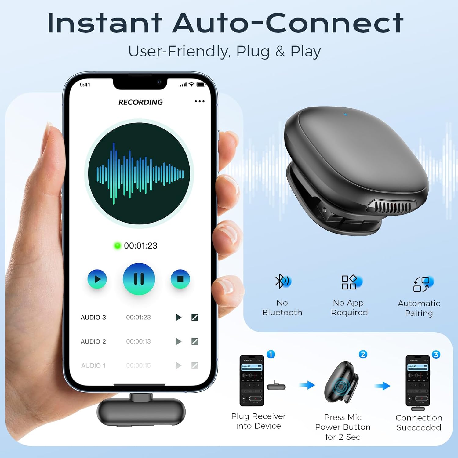 Wireless Lavalier Microphone for iPhone/Android, Lapel Mics with Lighting/USB-C Plug-Play, AI Noise Cancellation, 35H Battery Life, 164ft Range for Stream, Vlogging & Podcast, Magnetic Clip Mic