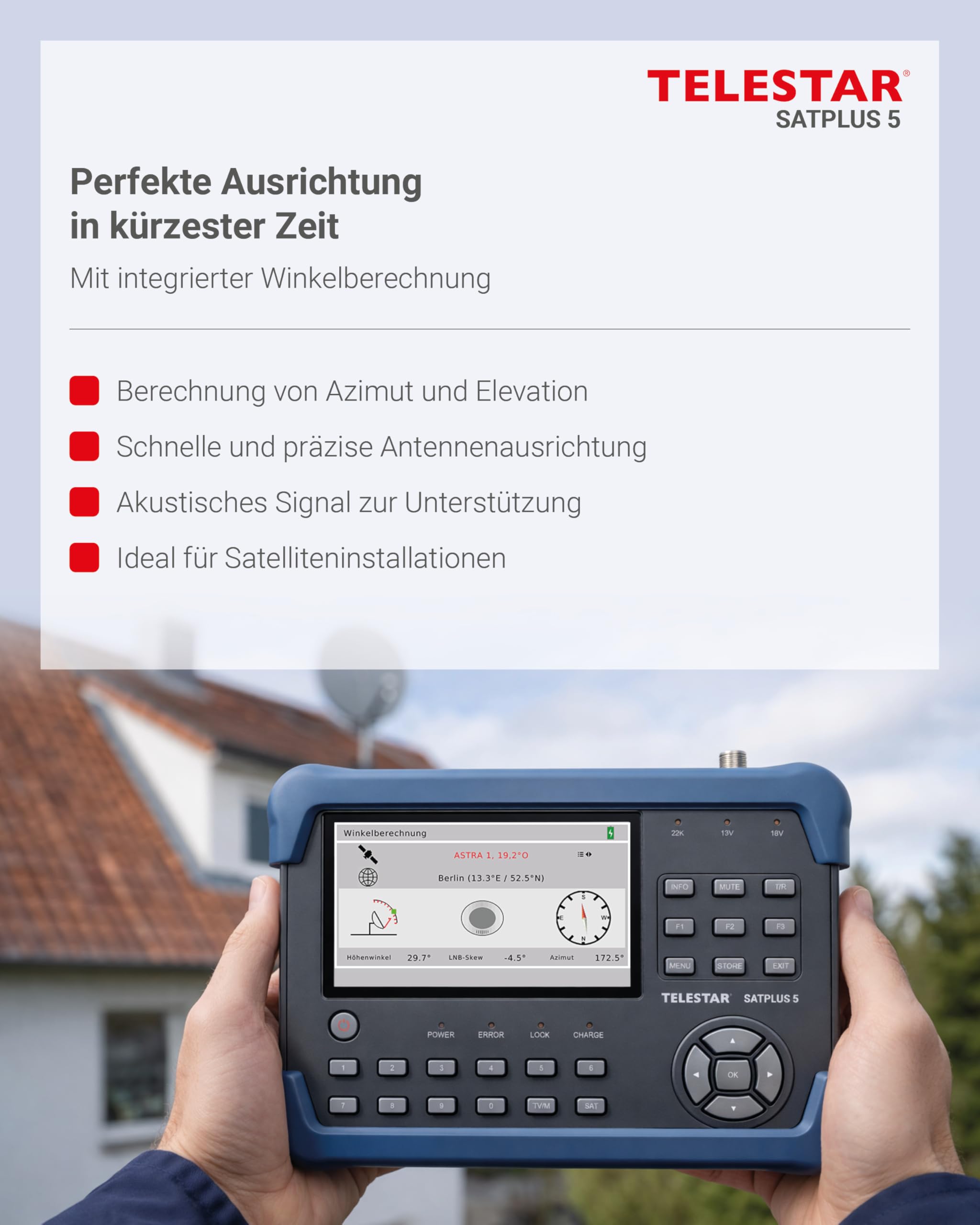 TELESTAR SATPLUS 5 – SAT Messgerät mit Live-TV-Bild | Für DVB-S/DVB-S2/DVB-C/DVB-T2, Unicable, 5″ Bildschirm