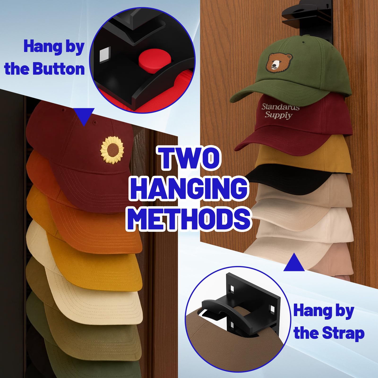 2 Stück Praktische Hutablage mit Haken, Cap Halterung Wand, Stabile Halterung Wand, Kappenhalter, Cap Organizer, Organizer für Mützen, Basecaps Typ B (Schwarz)