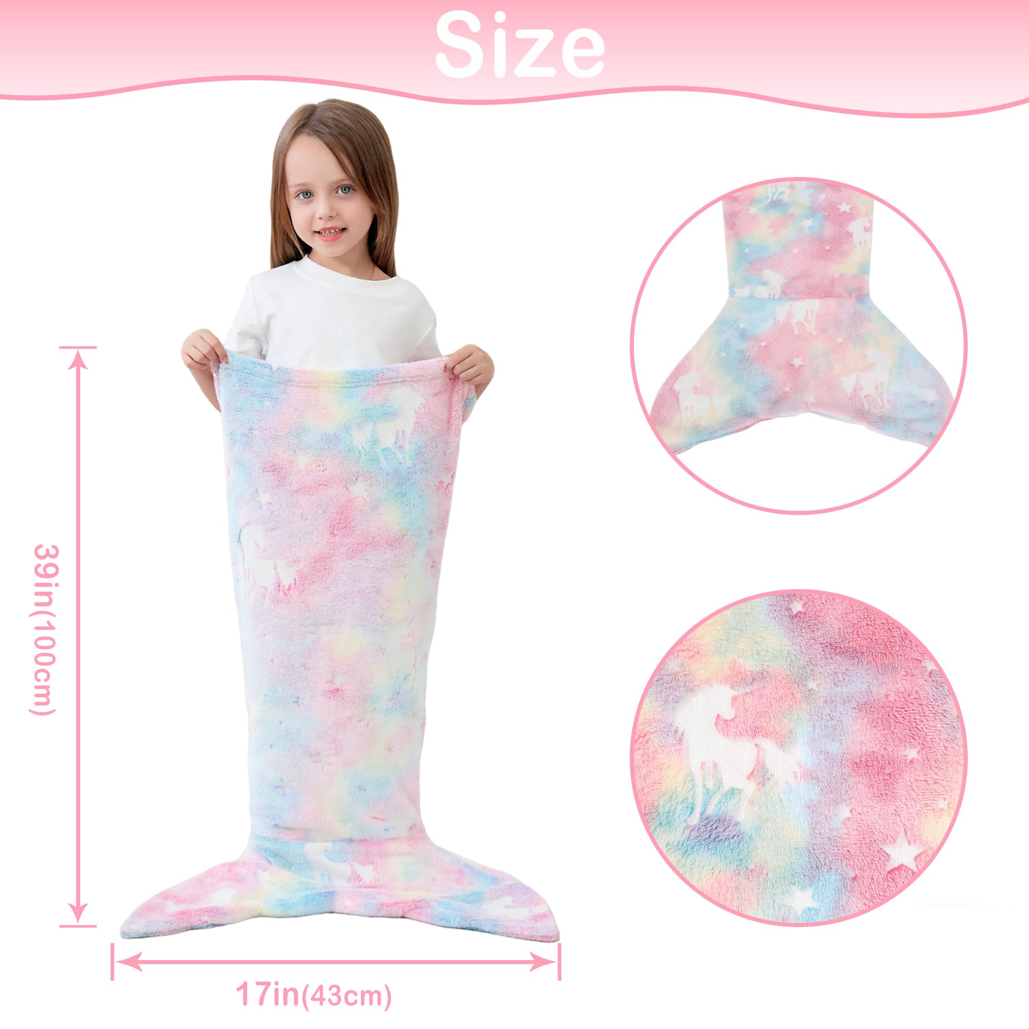 Viviland Queue de sirène phosphorescente pour Enfants – Couverture de sirène en Flanelle – Cadeau pour Filles – Étoile Lumineuse Super Douce Tie Dye Jouets pour Filles – Licorne 43,2 cm 99,1 cm