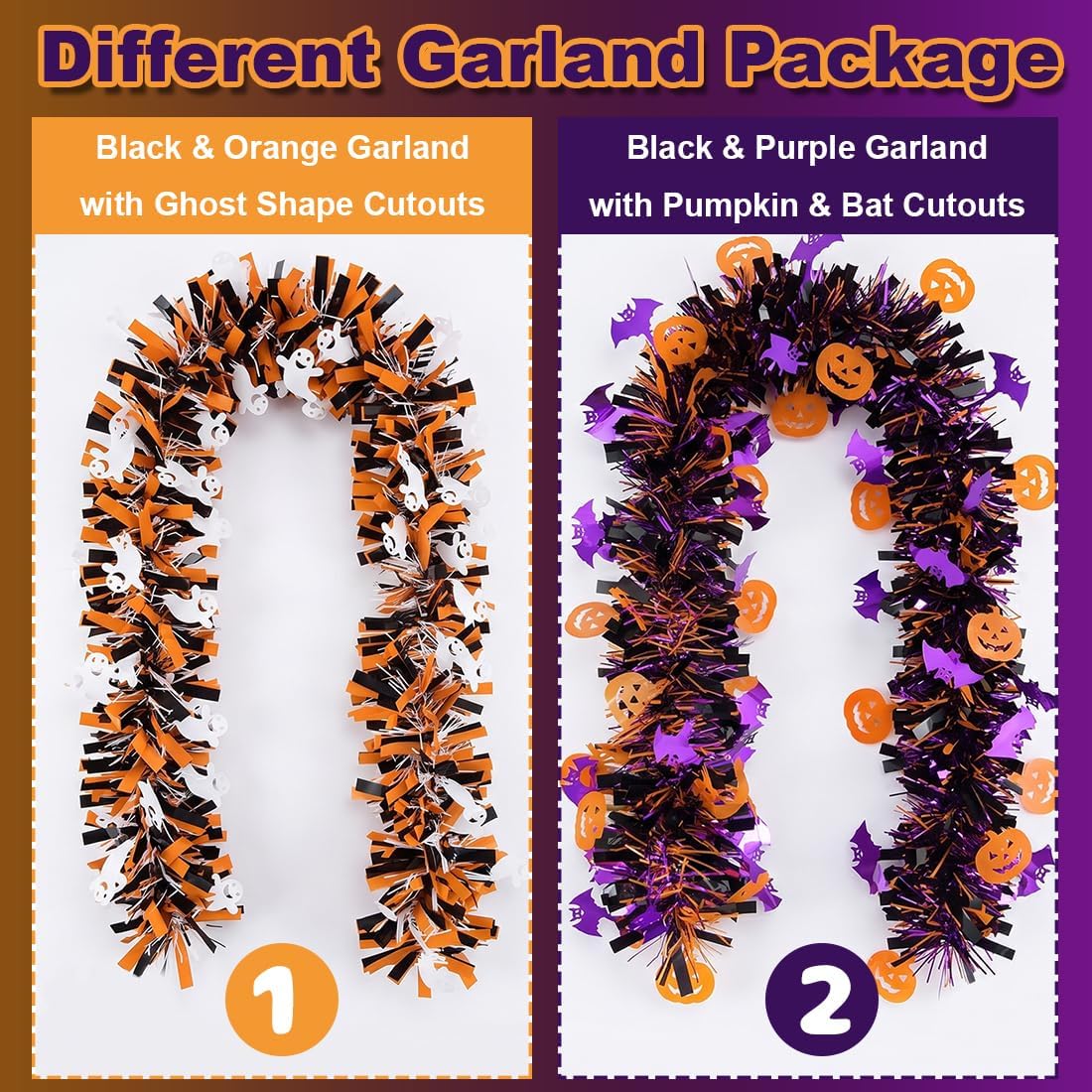 Halloween Garland Decorations, 33Ft Glitter Tinsel Pumpkin Bats Spider Tinsel Garland Glitter Halloween Decorations for Tree Car Golf Cart Parade Float Indoor Outdoor Holiday Home