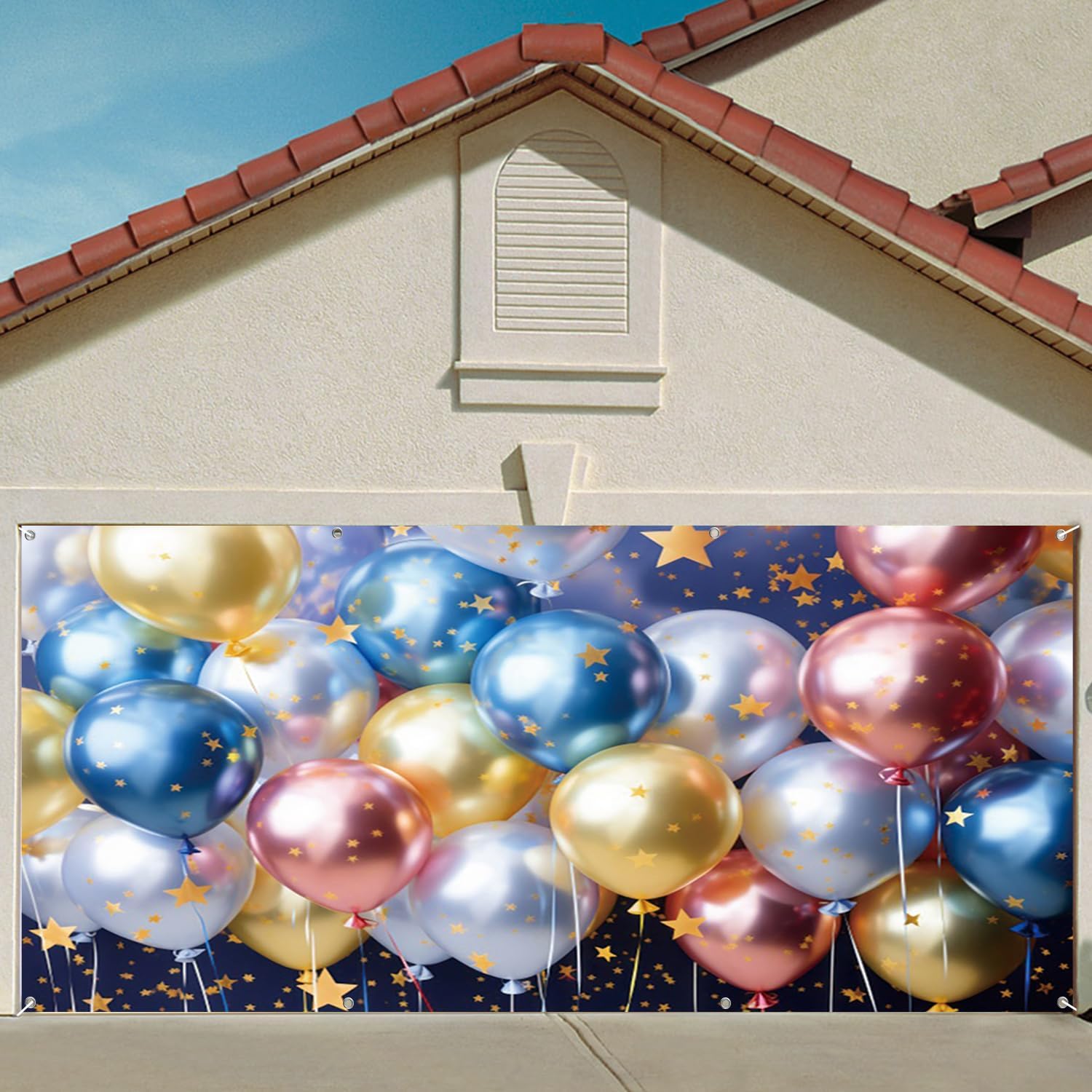 6x13ft Colorful Balloons Garage Door Decor Gold Twinkle Little Star Navy Blue Garage Door Backdrop for Carnival Festive Birthday Party Celebration Poms Garage Door Banner