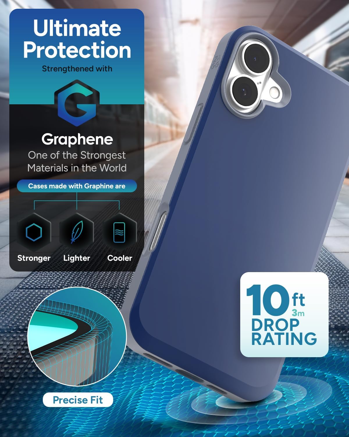 ZAGG SoHo Snap Case for iPhone 16 Plus - MagSafe Compatible, 10ft Drop Protection, Graphene-Infused, Wireless Charging, Eco-Friendly, Two-Tone Design, Navy Blue Gray - Image 4