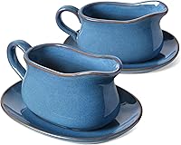LE TAUCI 17oz Ceramic Gravy Boat with Saucer Stand, Set of 2 - Ceylon Blue, Microwave Safe Sauce Boat for Gravy, Creamer, Broth