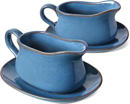LE TAUCI 17oz Gravy Boat with Saucer Stand, Set of 2, Ceramic Sauce Boat with Tray for Salad Dressings, Creamer, Broth, Black Pepper, Ceylon Blue