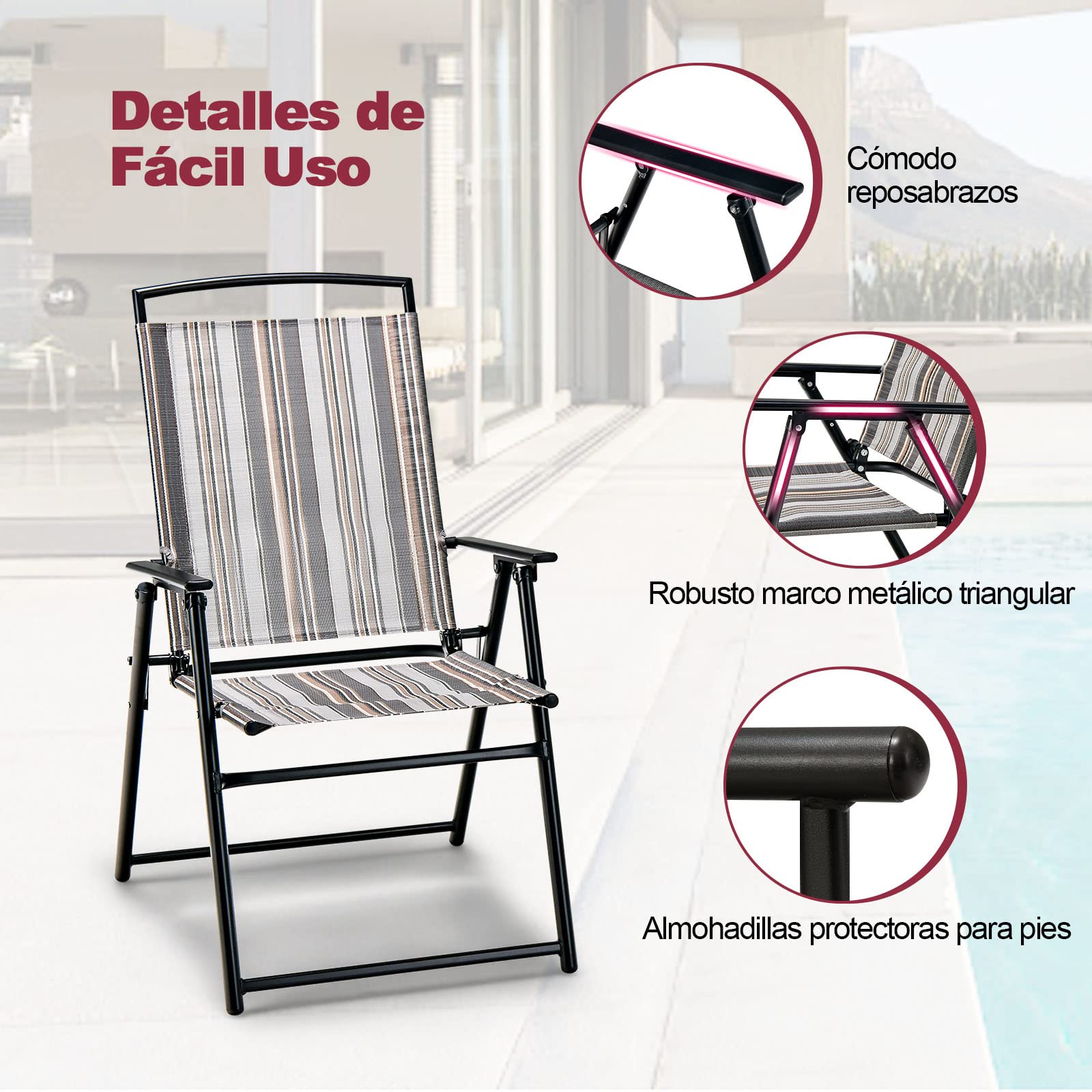 COSTWAY Juego de 2 Sillas de Jardín Plegables, 2 Sillas Terraza Exterior Tejido Transpirable, Respaldos y Reposabrazos, 51 x 61,5 x 92 cm, Sillas de Comedor de Jardín para Exterior