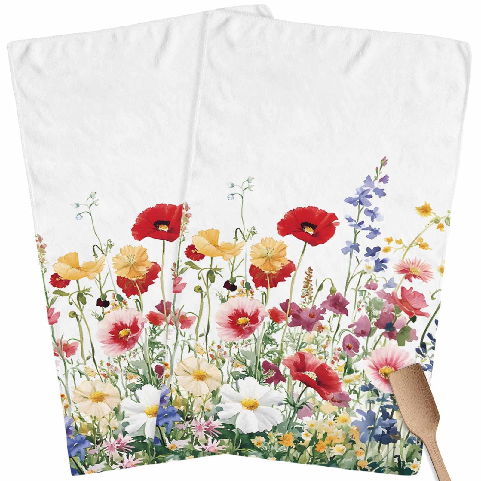 Kitchen Towels Pack of 2 Colorful Flower Spring Blossom Floral Plant Dish Drying Towels,Soft Absorbent Microfiber Cleaning Cloths Green Herb on White Quick Drying Hand Towels Set,18×28 inches