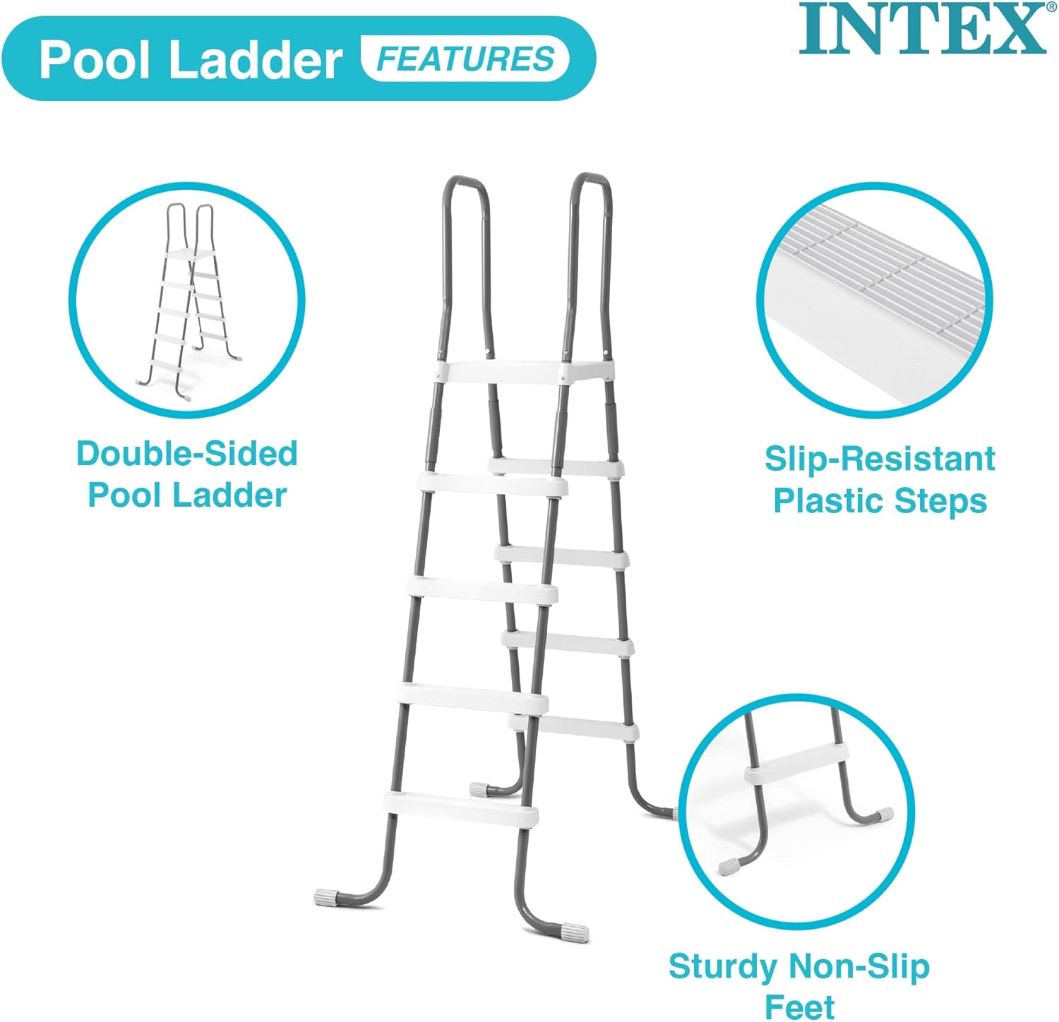 Intex 28067E Steel Frame 52" Pool Entry Step Ladder with Secure Non-Slip Steps for Above Ground Outdoor Swimming Pools, Silver