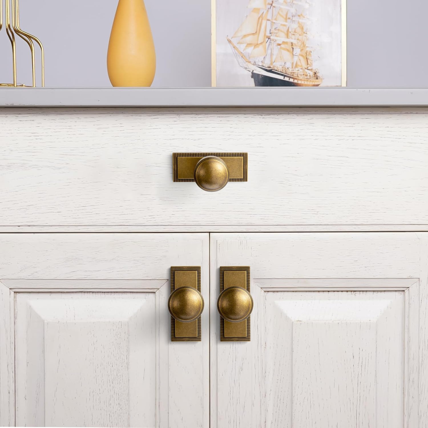 Goo-Ki 6 Pack Antique Brass Cabinet Knobs with Backplate Zinc Alloy Hardware - Vintage Brass Drawer Knob Single Hole Kitchen Cabinet Pulls with Spacer/Backboard
