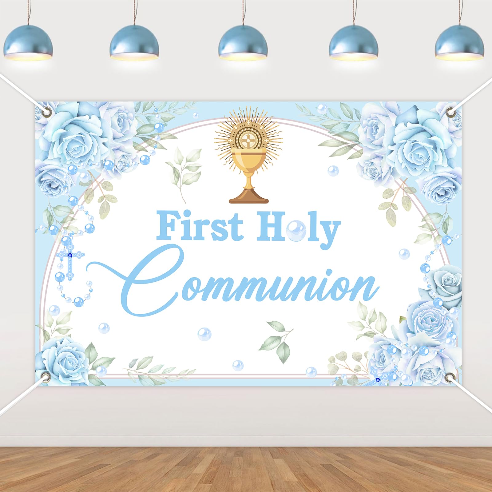 Jollyboom First Holy Communion Decorations for Boys, Blue Flowers Communion Backdrop Banner for Confirmation Baptism Christening Day Photoshoot Background 3 x 5 Ft