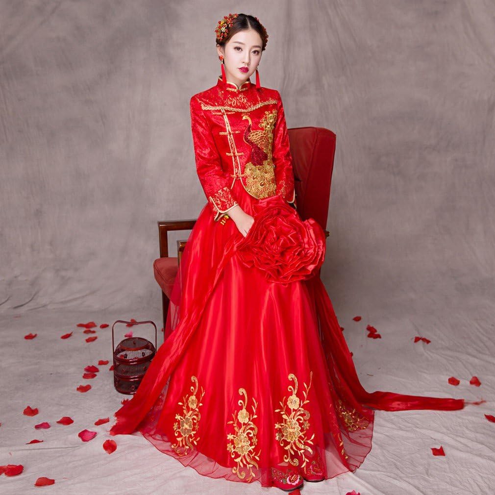JJK Spring Show Wo Bride Wedding Chinese Wedding Dress Wedding Toast Service Longfeng Embroidered Wo Wedding Dress,A,XL