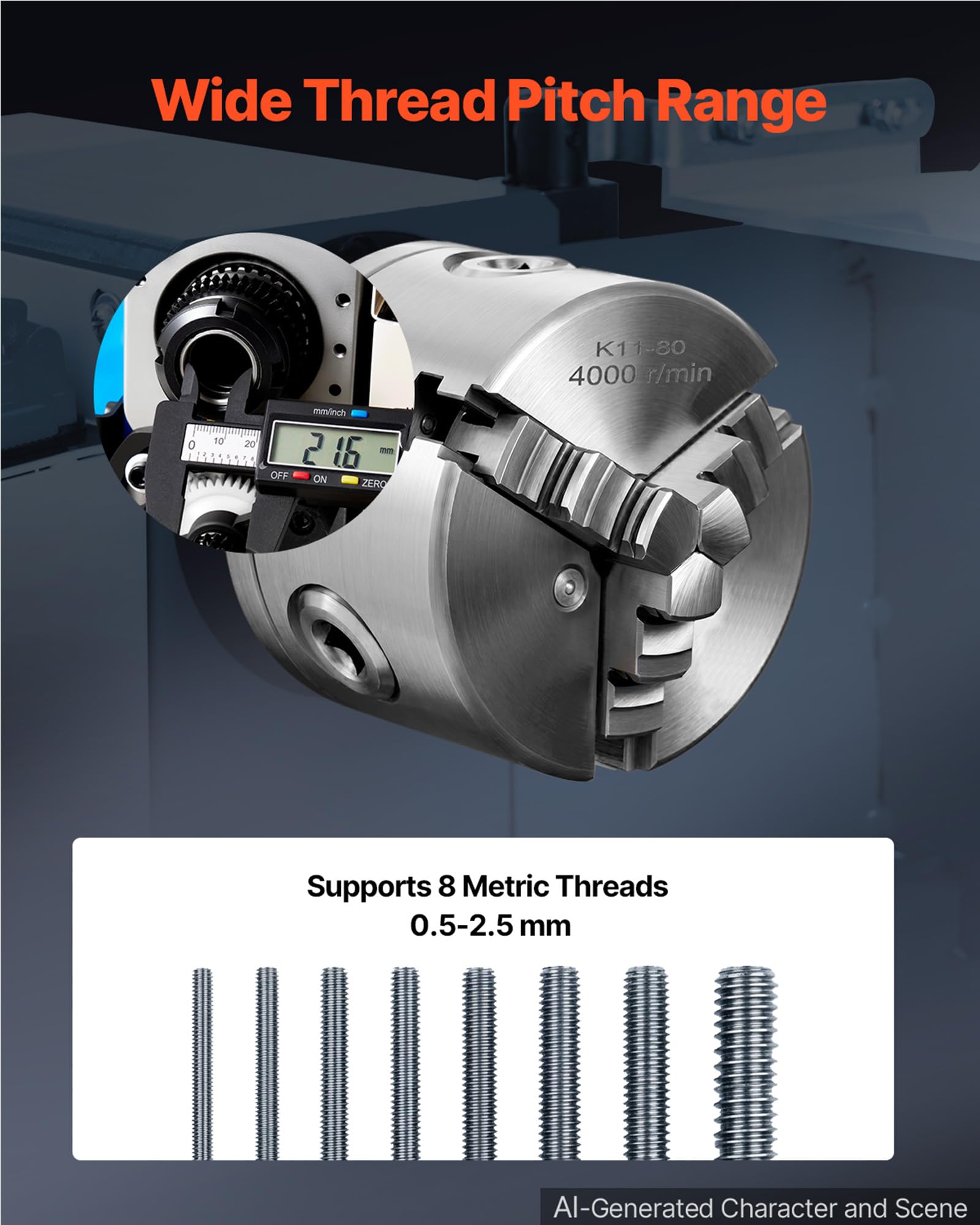 VEVOR Tornio da Banco per Metalli 180 x 305 mm Velocità 2500 giri/min 550W | Per 8 Filettature Metriche, Tornitura, Foratura, Zigrinatura, Ingranaggio in Nylon, Rotazione Reversibile, Corpo in Ghisa