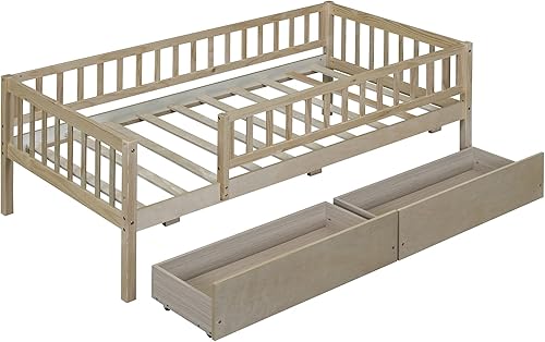 Miniatura 74 de Sofá cama matrimonial con nido de tamaño individual, marco de cama de madera para niños con valla, cama nido para niñas, niños, cama de plataforma