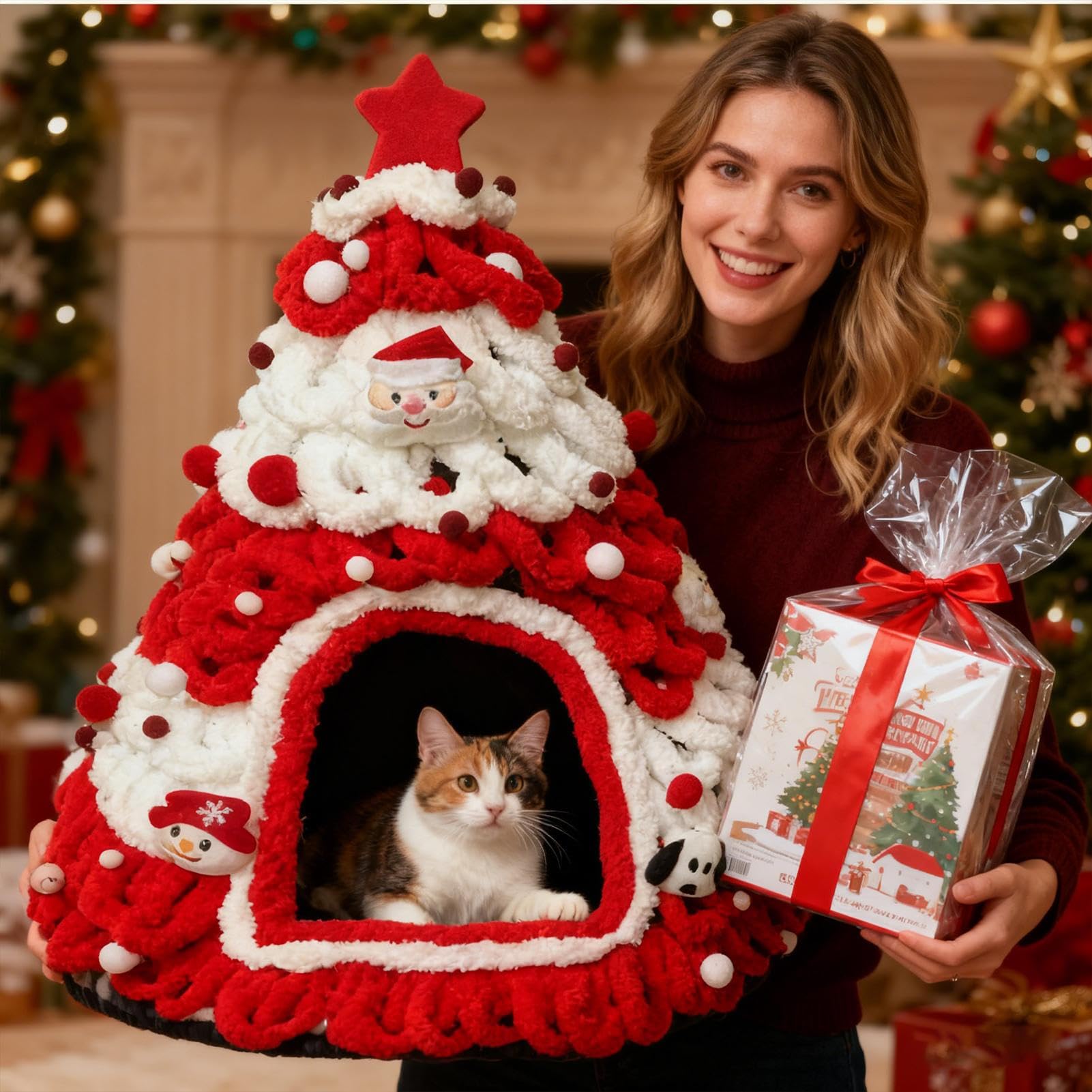 Cuccia per gatti a forma di albero di Natale, semi-chiusa, invernale, calda, a forma di albero di Natale, per gattini, piccoli animali domestici, per interni ed esterni, casa e inverno