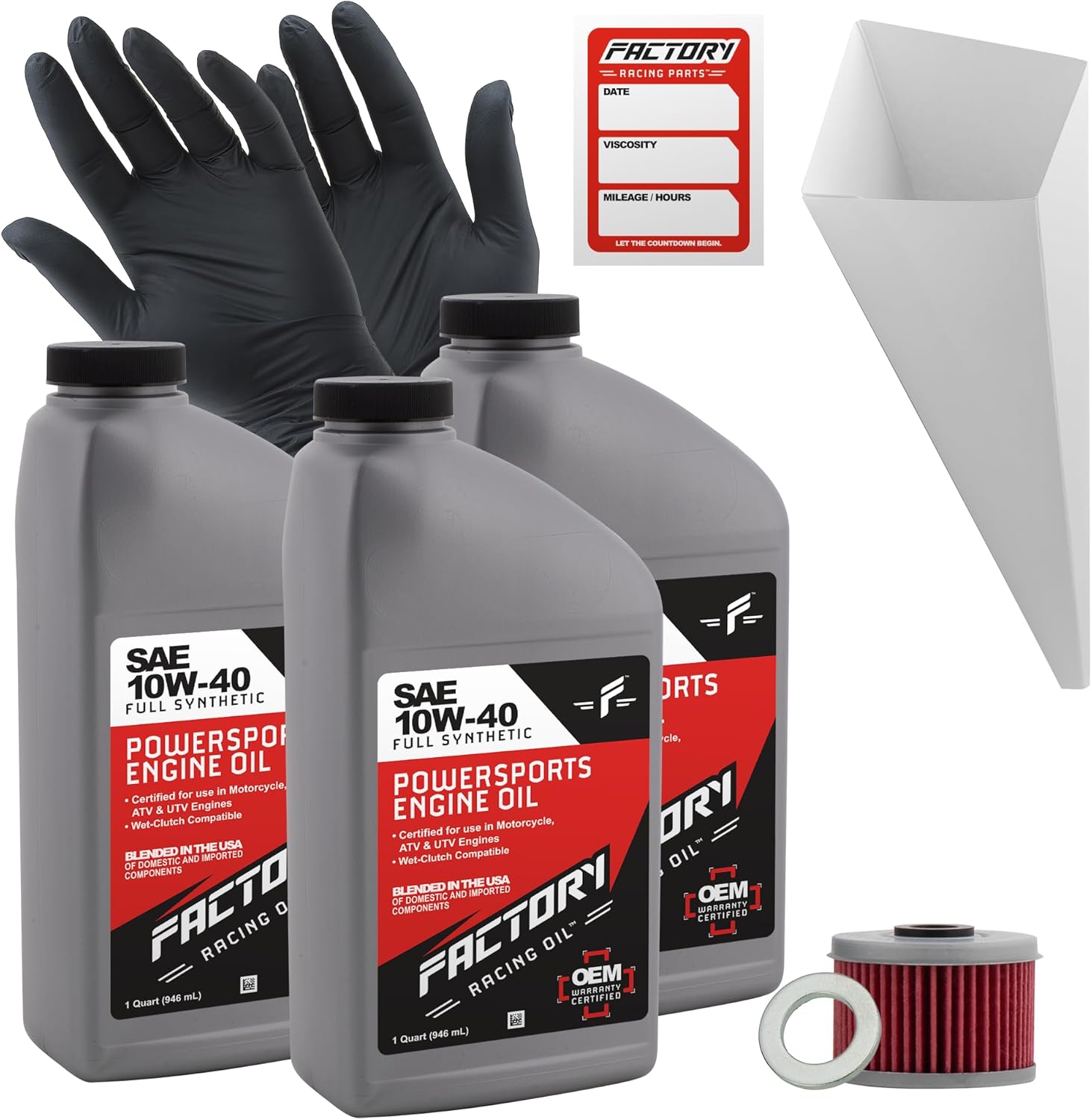 Factory Racing Parts Oil Change Kit compatible with Honda XR500R XR600R TRX300 TRX350 TRX400 – Includes 3 Quarts of 10W-40 Full Synthetic Oil, 1 Filter, 1 Crush Washer, 1 Funnel, 1 Oil Change Sticker