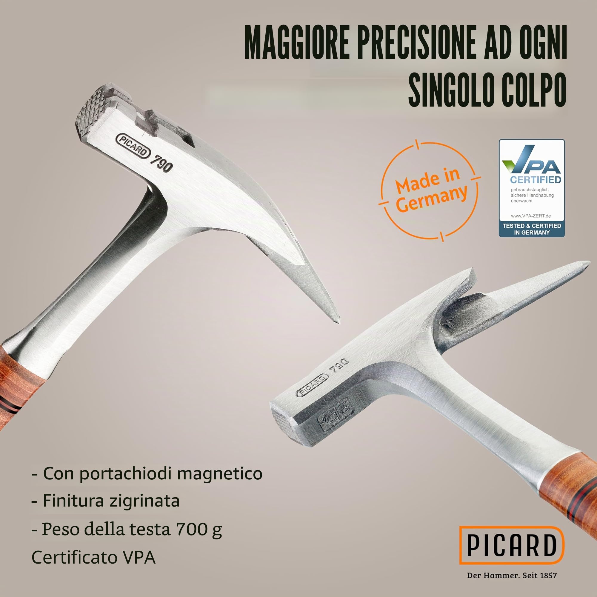 PICARD Martello da carpentiere, superficie scanalata , n. 790 + Pied-de-biche BlackGiant® + Adesivo | Martello da carpentiere professionale 800 g | Magnete porta chiodi | Martello