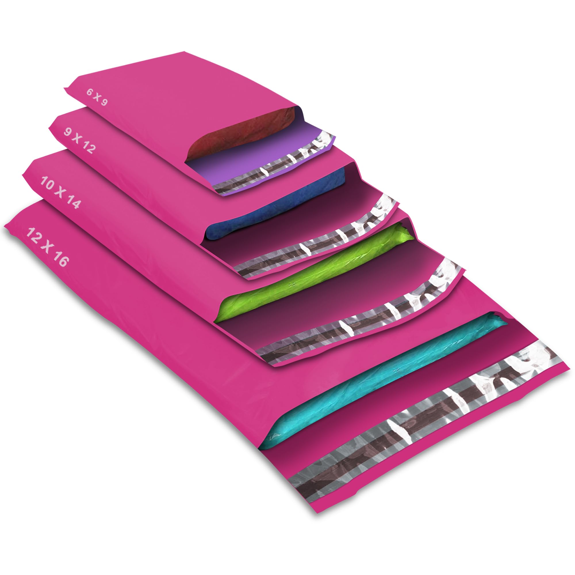 50 Mixed Size Pink Mailing Bags, Hot Pink 4SizesSelf Seal Strong Waterproof Poly Plastic Envelopes for Parcels, Packaging, Small, Medium, Large Mail, Shipping Courier Delivery Bags