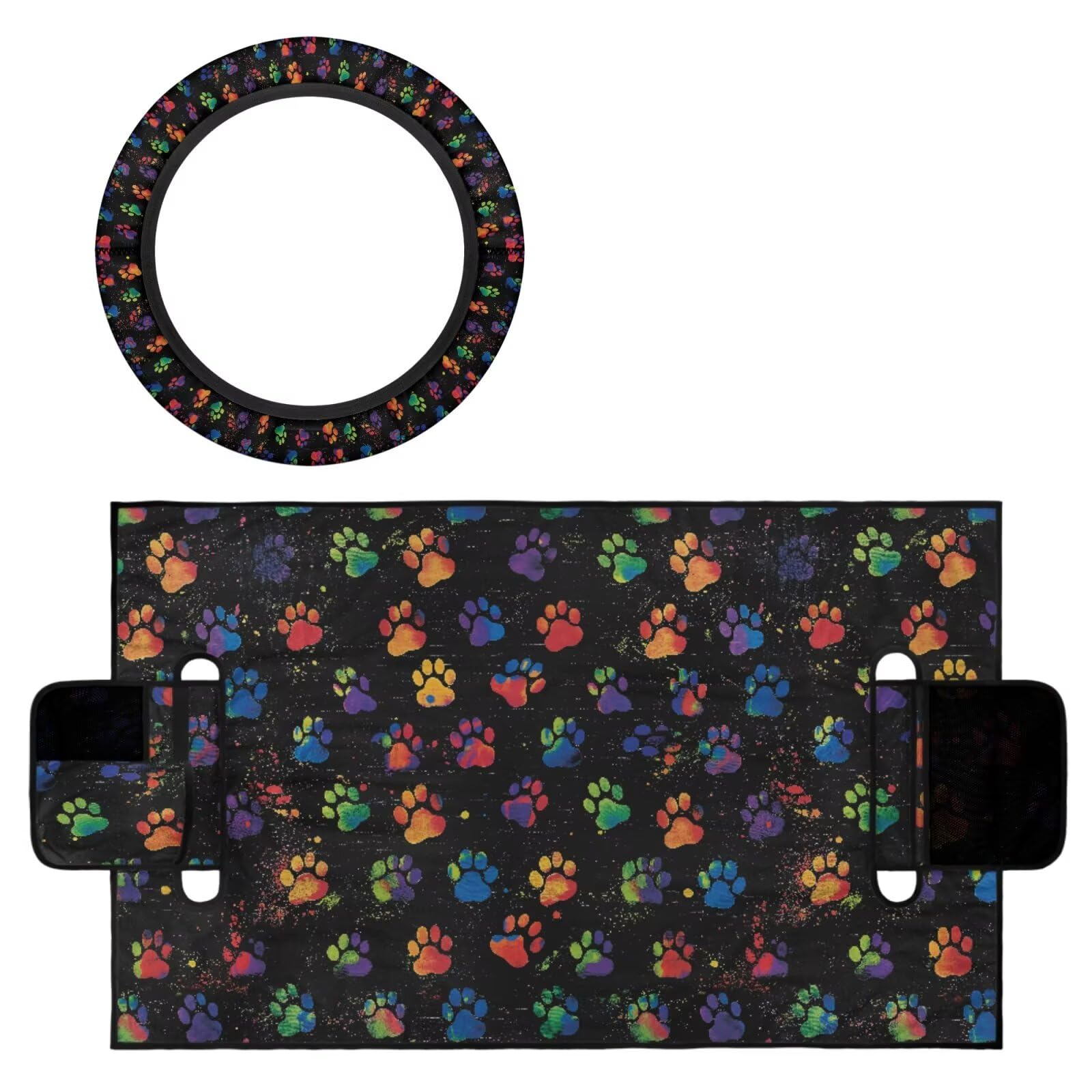 Dog Paws Print Golf Cart Seat Cover + Soft Steering Wheel Grip Cover Golf Cart Accessories Decoration for Women Men