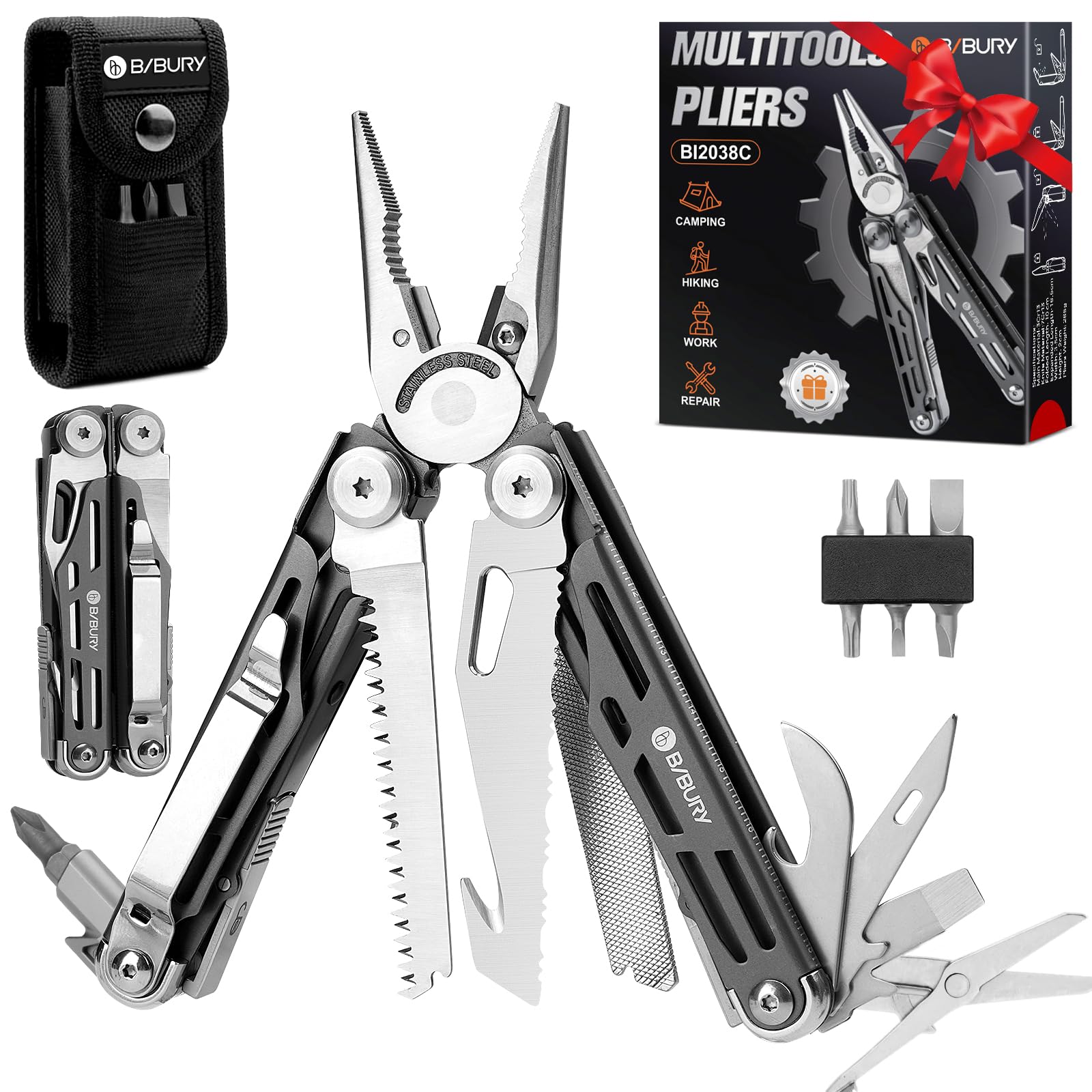 BIBURY Multitools, Titanium Plating Multi Tool Foldable Pliers, Stainless Steel Pocket Tool with Nylon Pouch, Ideal for Camping, Outdoor, Repairing, Hiking - Birthday Gifts for Men Dad - BI2038C