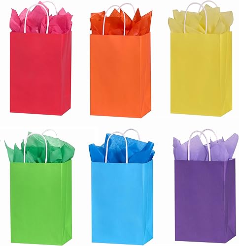 Miniatura 5 de SUNCOLOR Bolsas de regalo blancas con papel de seda, paquete de 24 bolsas pequeñas de papel Kraft, 7.9 x 5.12 x 3.15 pulgadas, asas resistentes