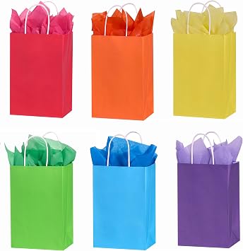SUNCOLOR Rainbow Gift Bags with Tissue Paper, 24 Pack 8" Small Paper Party Bags, 6 Colors with Handles for Birthday Celebrations, Kids Parties