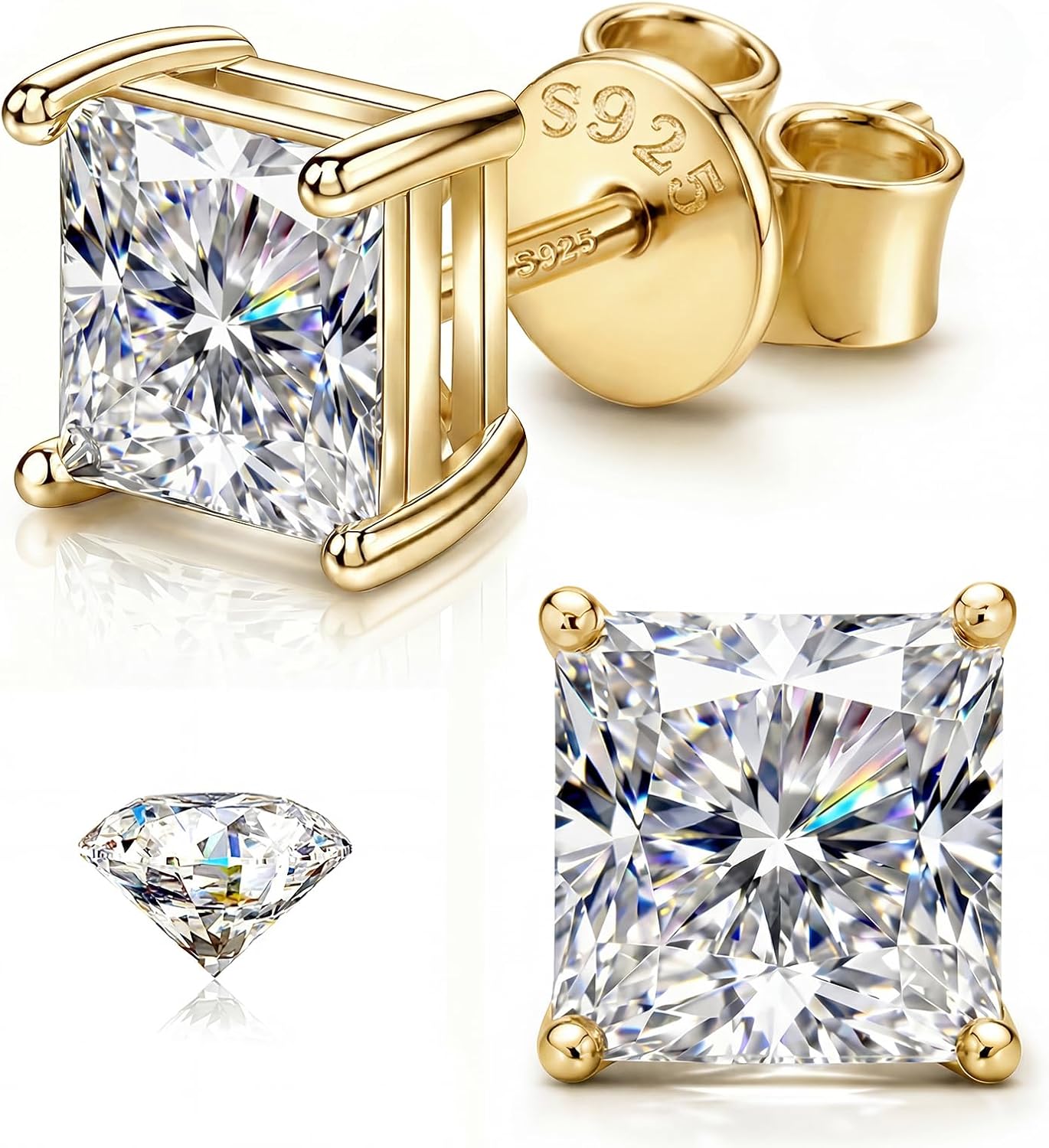 TenKa 925 Sterling Silver Princess Cut Cubic Zirconia Stud Earrings for Women Men, 14K Gold Plated Hypoallergenic Square CZ Studs, Simulated Diamond Jewelry