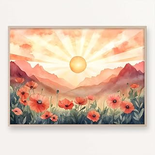 Abstract Boho Sun Sunrise Sunset Wall Art Canvas Boho Landscape Pictures Watercolor Landscape Poster Mid Century Sunset Art Print Sun Minimalist Painting for Bedroom Home Decor 16x24inch Unframed