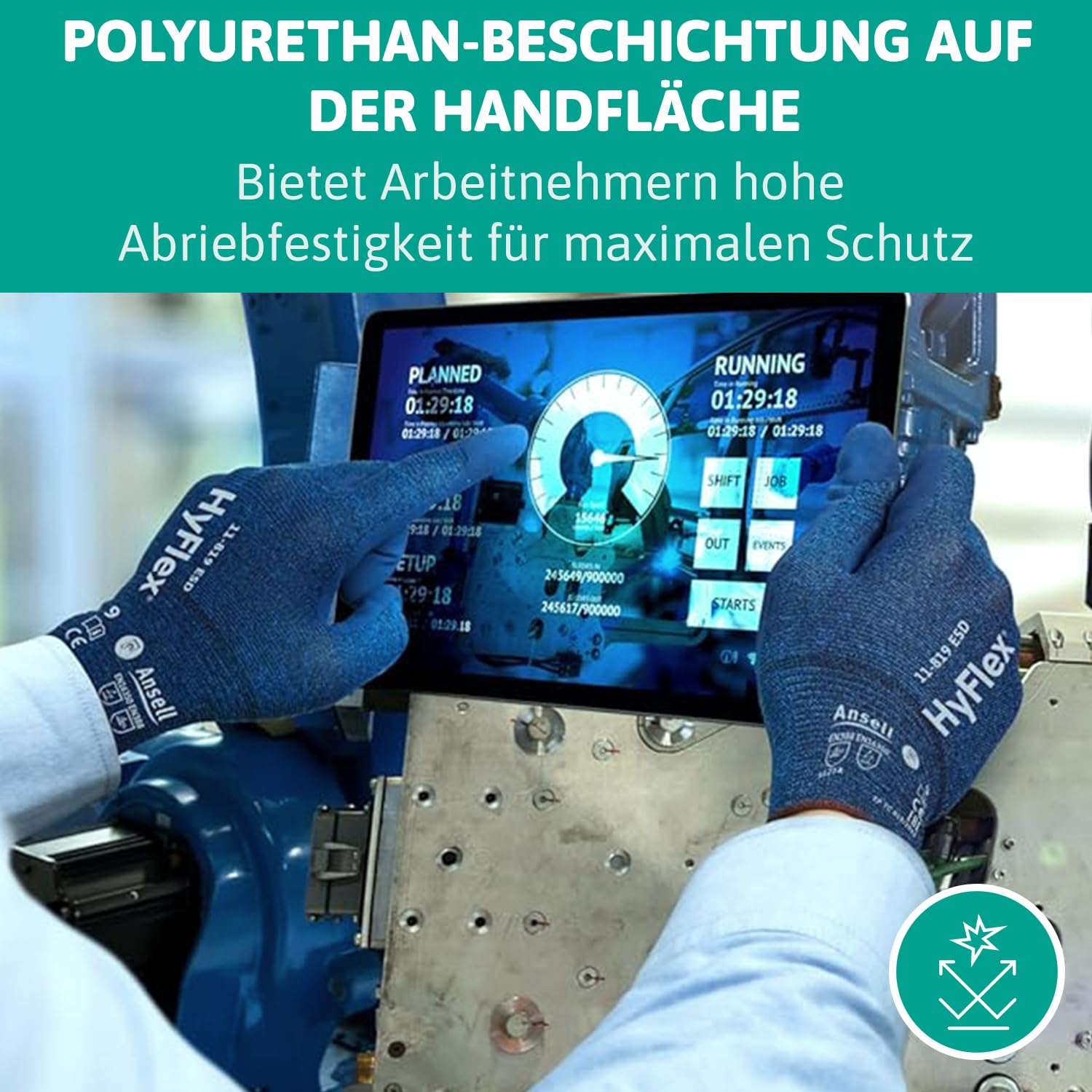 Ansell HyFlex 11-618 Mechaniker- Nylon Handschuhe, Abriebfeste Schutzhandschuhe mit PU-Beschichtung, Sicherheitshandschuhe für Präzisionsarbeiten, Touchscreen-Arbeitshandschuhe, 12 Paar, Gr. L