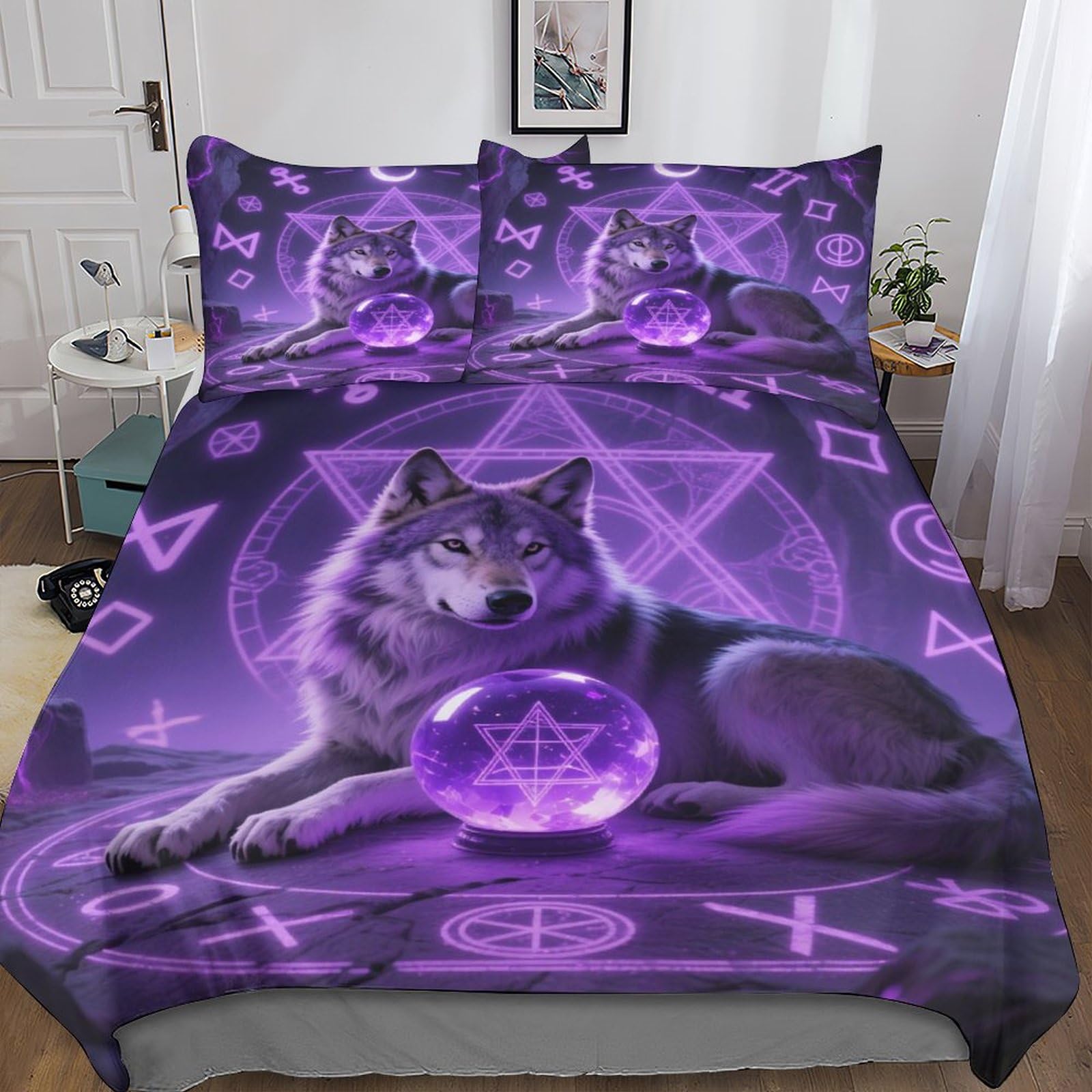 Lunar Tarot Wilk Pościel z mikrofibry Oddychająca mistycyzm Zwierzę Pokrowiec na kołdrę Poszewki King (220 x 240 cm)