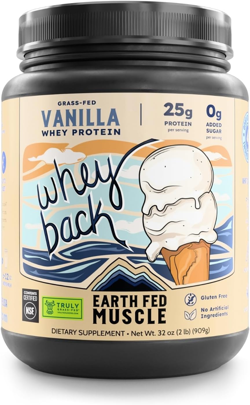 Earth Fed Muscle Whey Back Irish Grass Fed Whey Protein Isolate – NSF-Certified. No Artificial Ingredients, Soy Free, Gluten Free, Non-GMO and Hormone Free (2 Pound, 29 Servings, Vanilla)