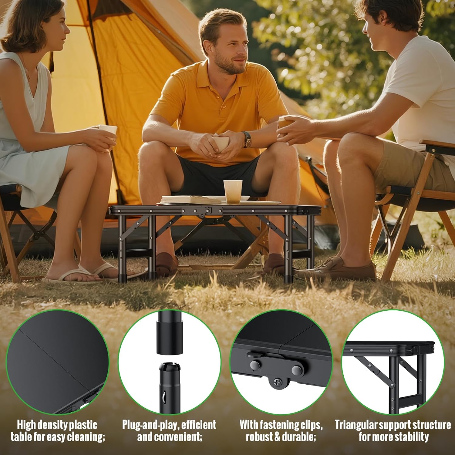 GARLLEN Folding Camping Table with Waterproof Plastic Tabletop, Portable Folding Picnic Table with 3-Adjustable Height, Aluminum Frame Outdoor Table for BBQ, Camping, Indoor Use, 22.8" L x 15.7" W