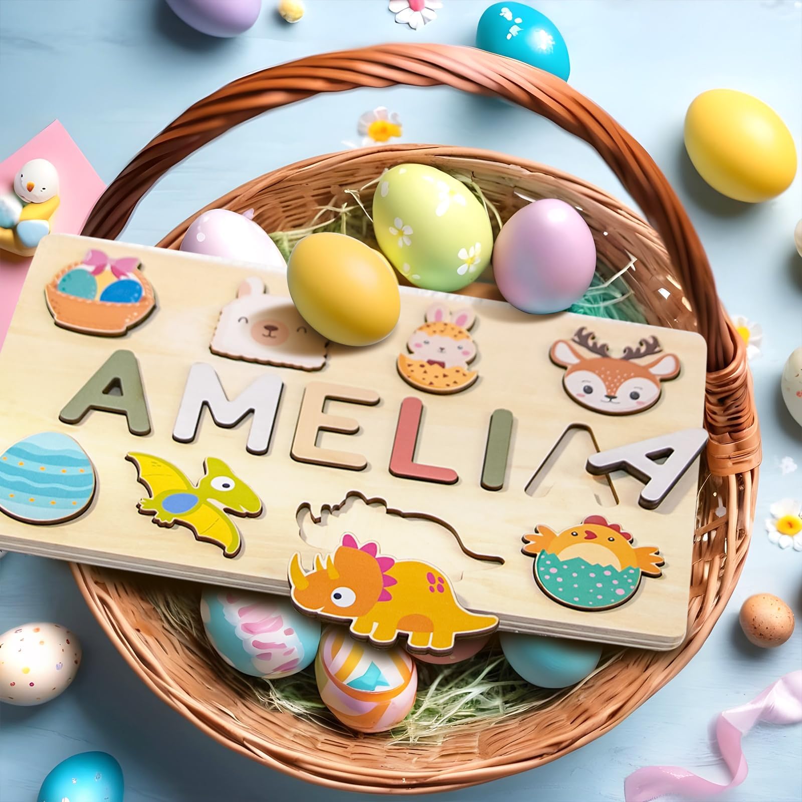 Easter Basket Stuffers, Personalized Wooden Name Puzzle for Toddlers 1-3, Learning Toys for 1 Year Old Girl Boy, Baby First Birthday Gifts, Easter Gifts for Kids with Engraved Text
