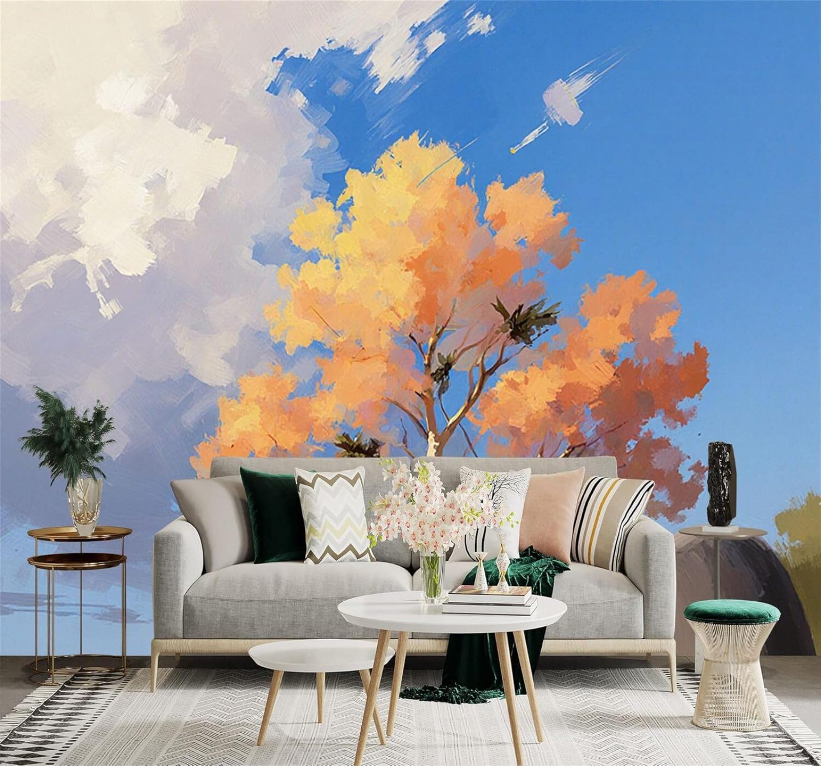 3D Papel Pintado Dibujo A Mano Árboles Otoñales Hojas Doradas Cielo Azul
