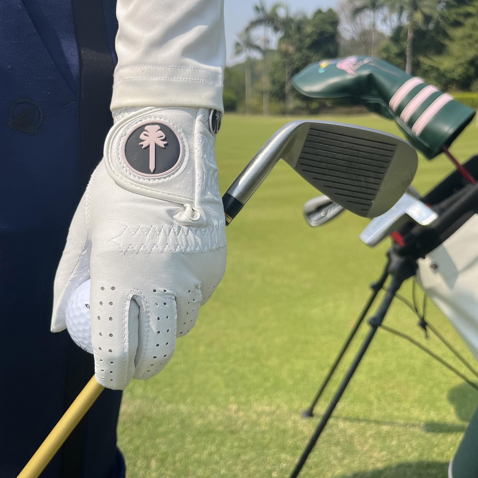 Pinktee Golfhandschuh für Damen, linke Hand, hochwertiges Cabretta-Leder mit rosa Marker, Allwetter-Golfhandschuhe für Damen, Größe S, M, L