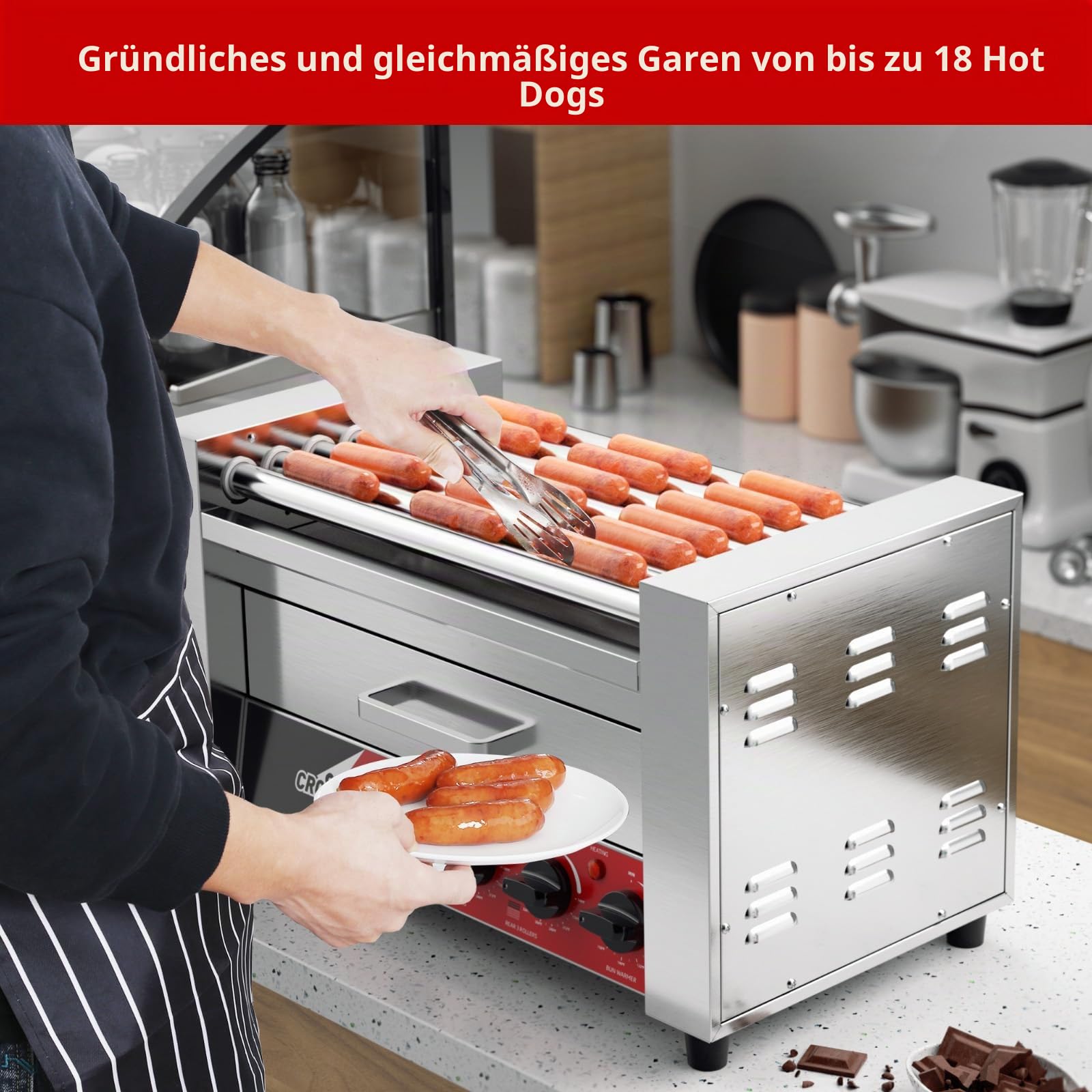 CROSSON 2 in 1 Profi Hot Dog Grill,7 Rollen Edelstahl Hot Dog Machine Elektrogrill 1350W mit Brötchenwärmer,Dual-Temp-Steuerung